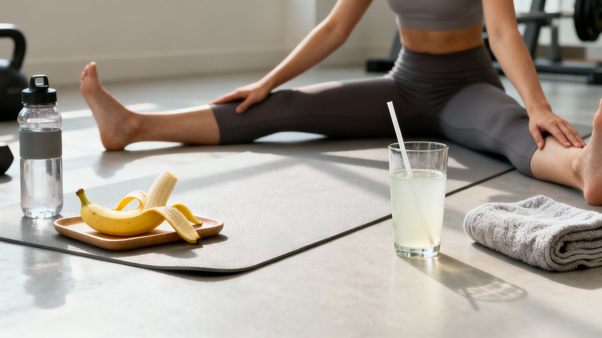 A person stretching on a yoga mat, with a water bottle, banana, drink, and towel nearby.