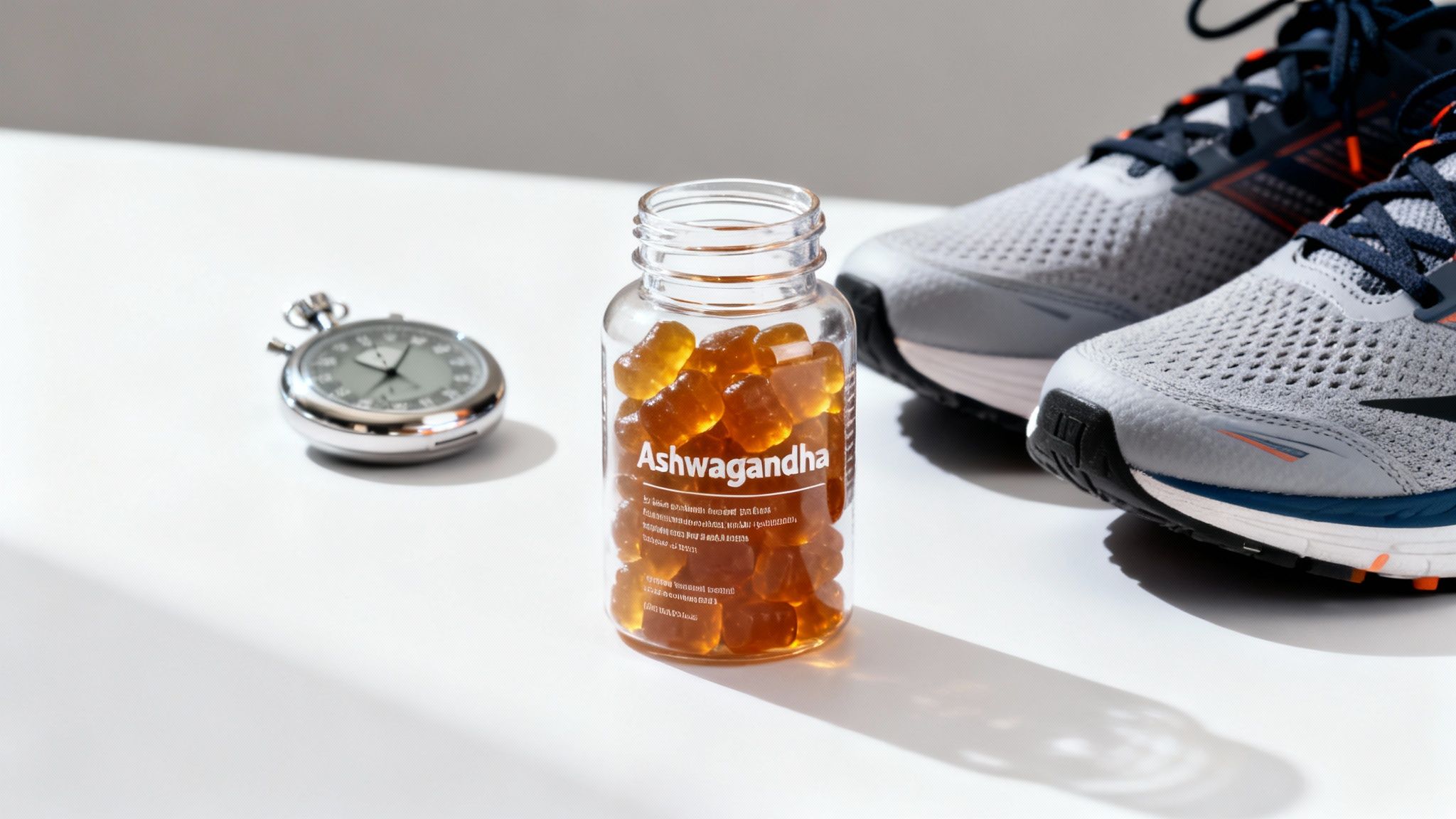 Ashwagandha gummies bottle next to a stopwatch and running shoes on a clean white background.