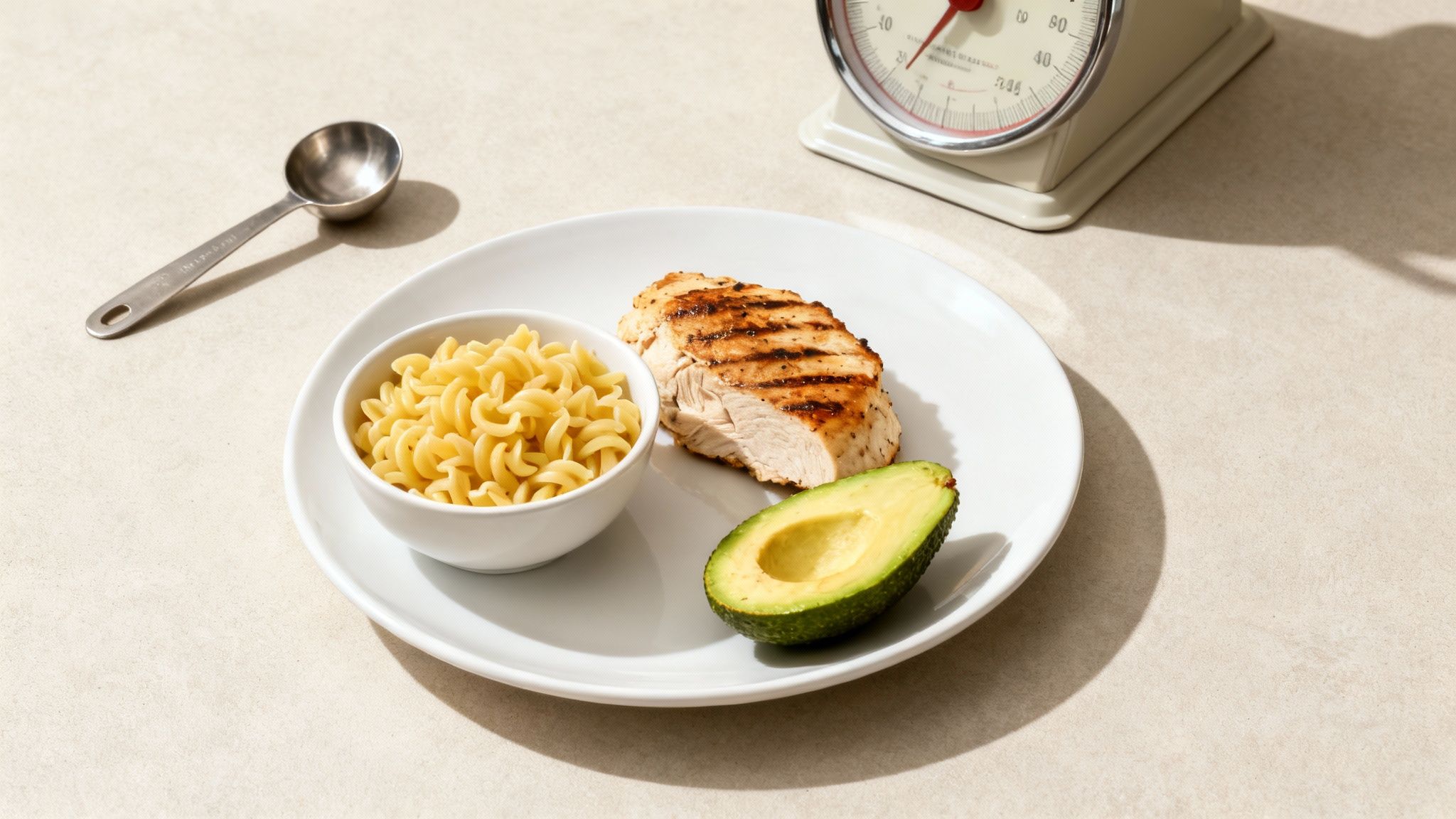 An endurance athlete eats a healthy meal rich in macronutrients.