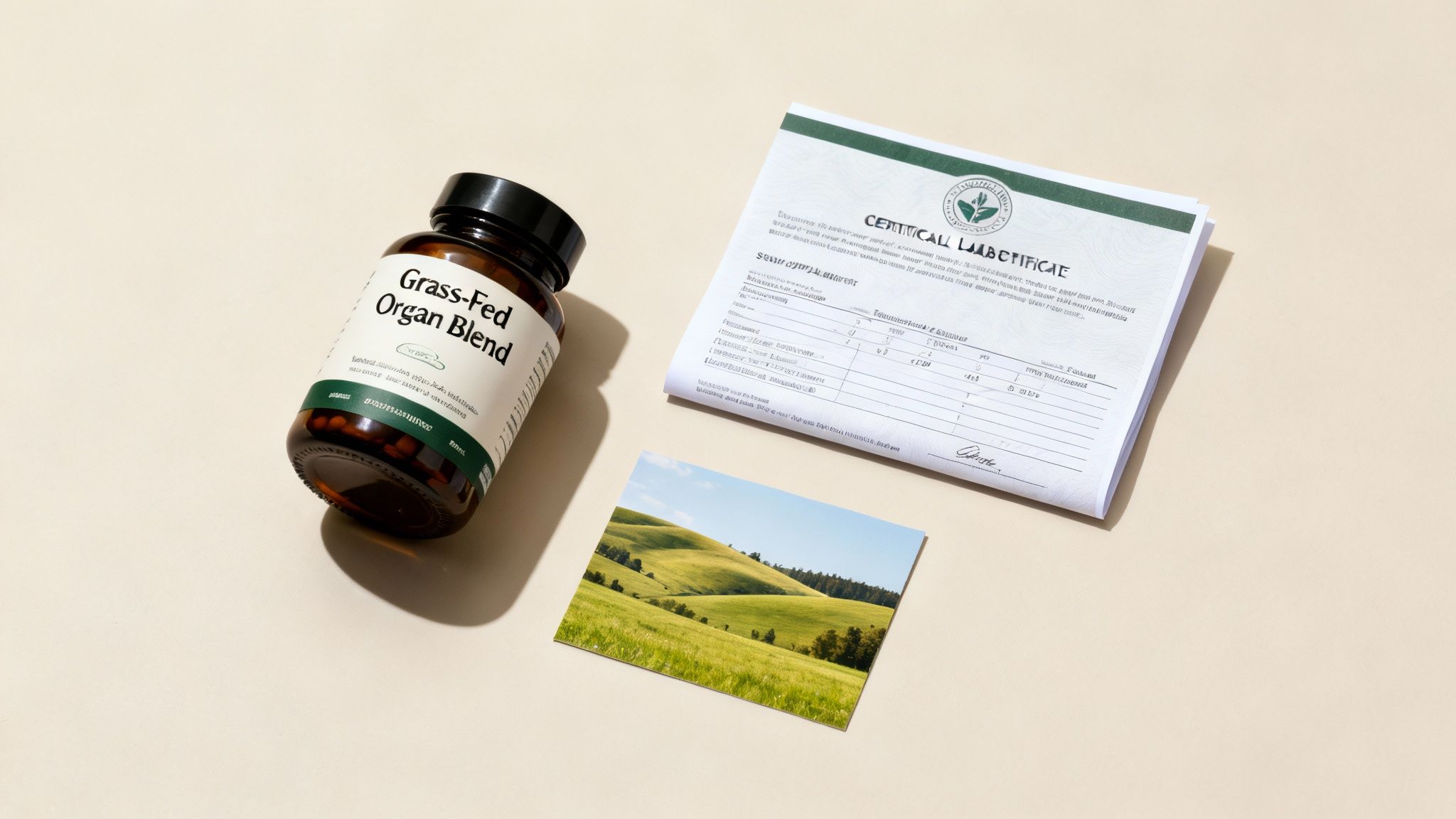 A hand holding a capsule of a beef organ supplement