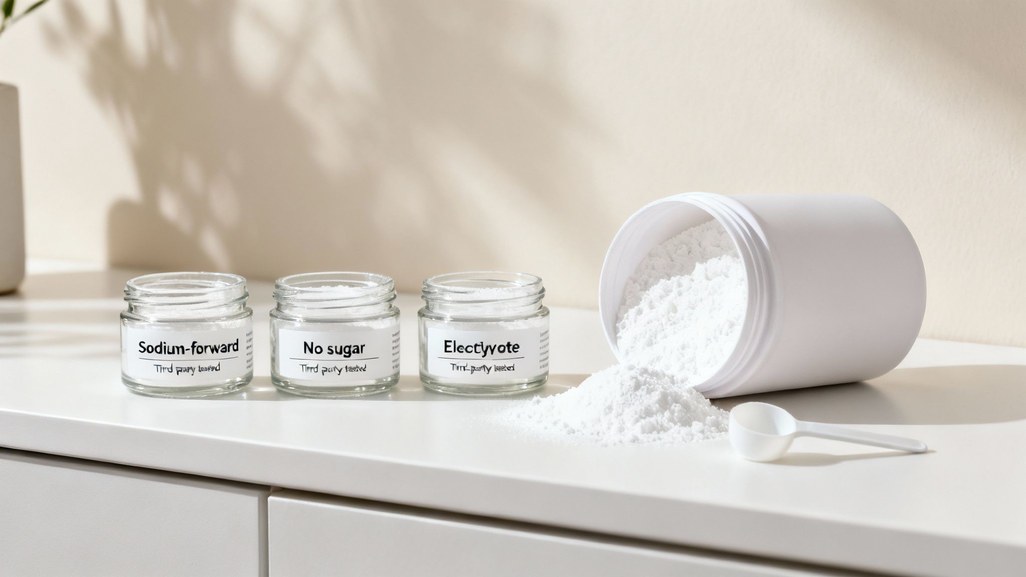 Three glass jars labeled 'Sodium-forward', 'No sugar', 'Electyvote' with powder, beside a spilled container and scoop.