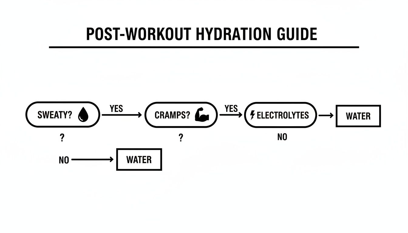 A post-workout hydration guide flowchart suggesting water or electrolytes based on sweat and cramps.