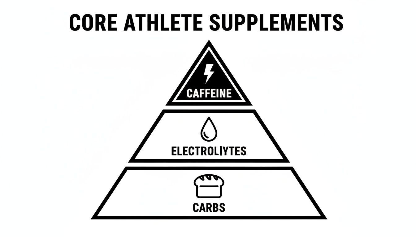 A pyramid diagram illustrates core athlete supplements: caffeine at the top, electrolytes, and carbs.