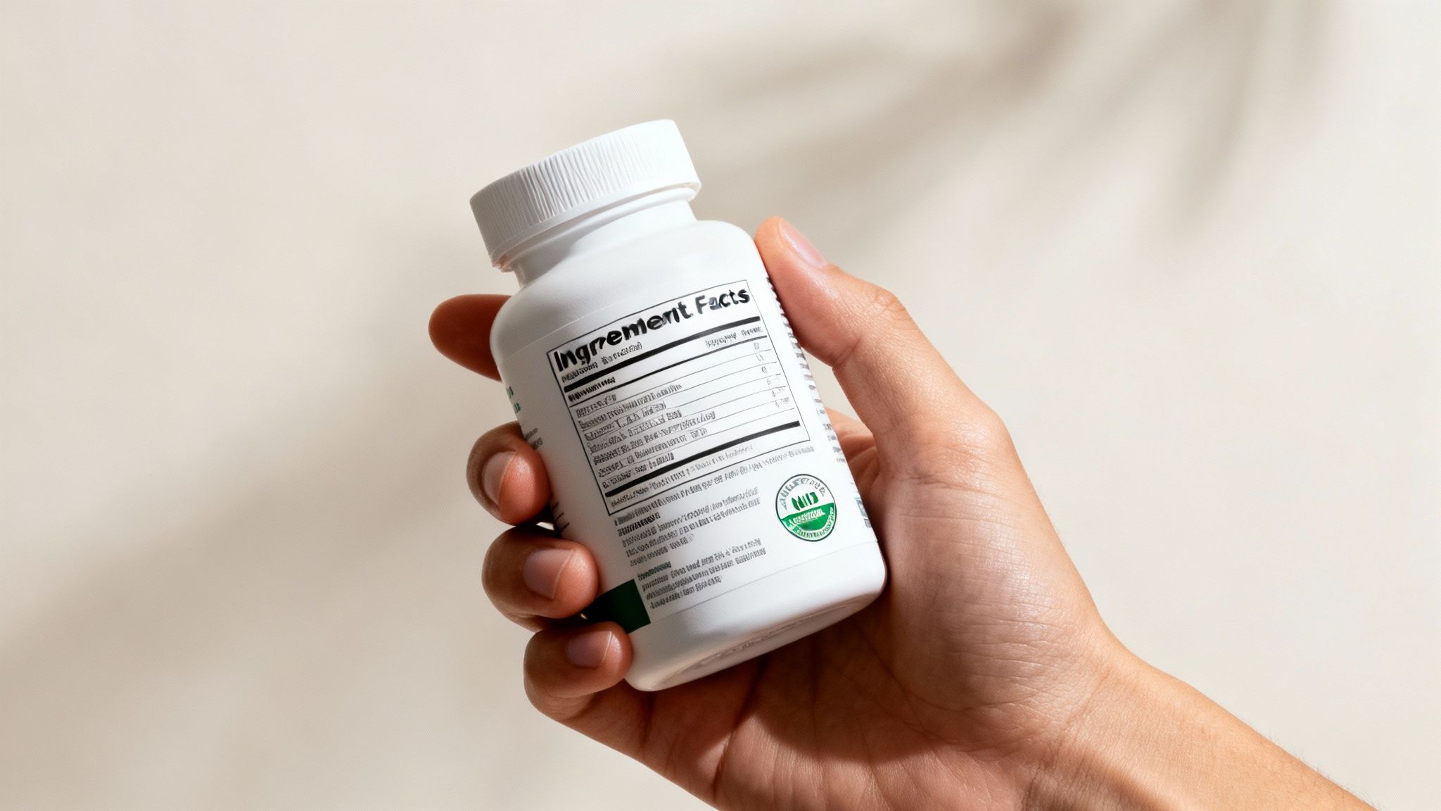 A hand holds a white supplement bottle, displaying “Ingredient Facts” and a green USDA Organic logo.