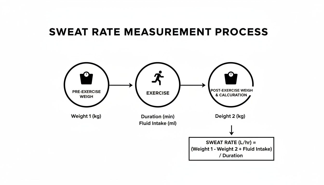 A flowchart illustrating the sweat rate measurement process, including pre-exercise weigh, exercise, and post-exercise weigh to calculate sweat rate.