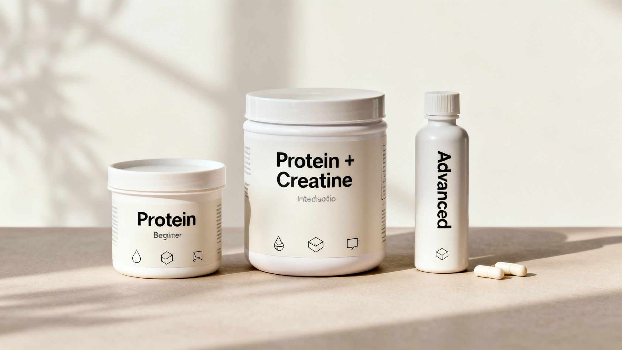 Three supplement bottles lined up in a row