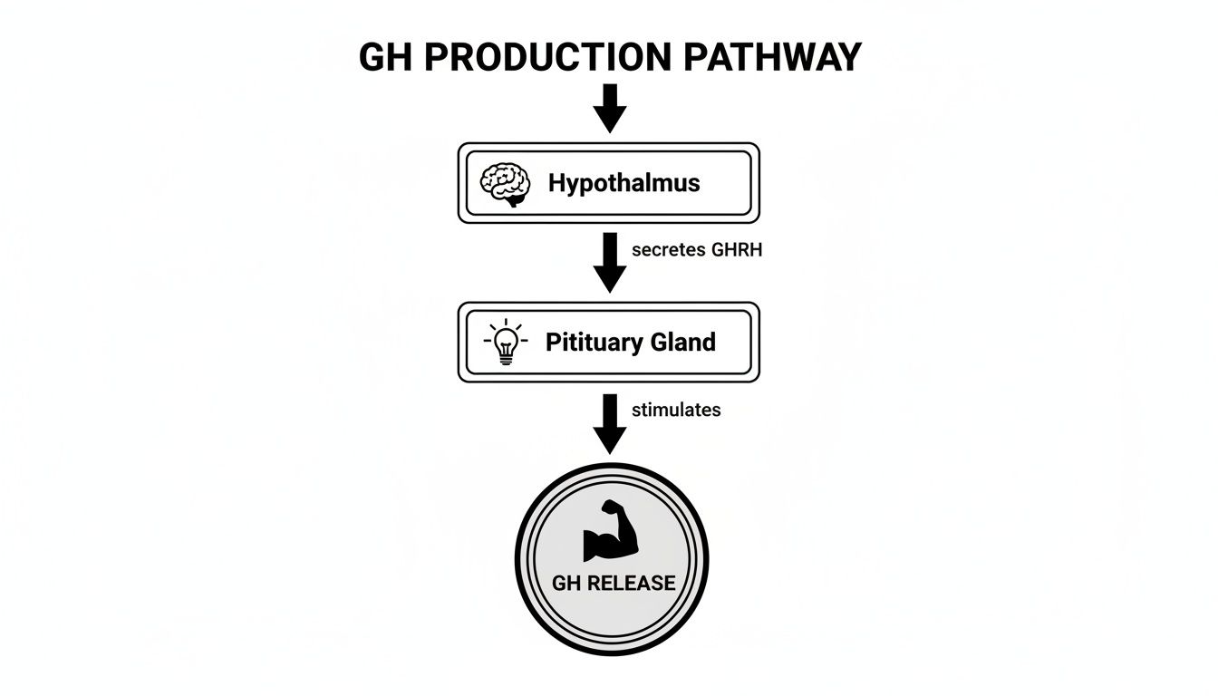 Diagram illustrating the GH production pathway: Hypothalamus secretes GHRH, stimulating the Pituitary Gland for GH release.