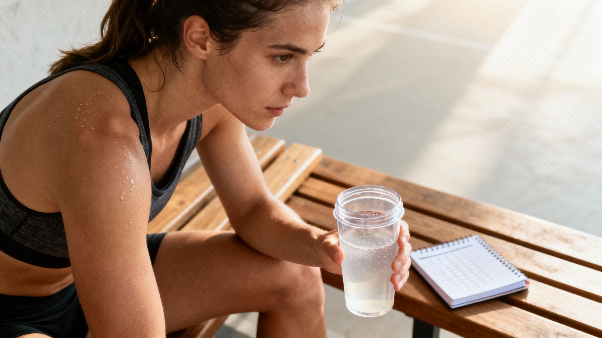 Sweaty female athlete resting on a bench, holding water and a workout journal.