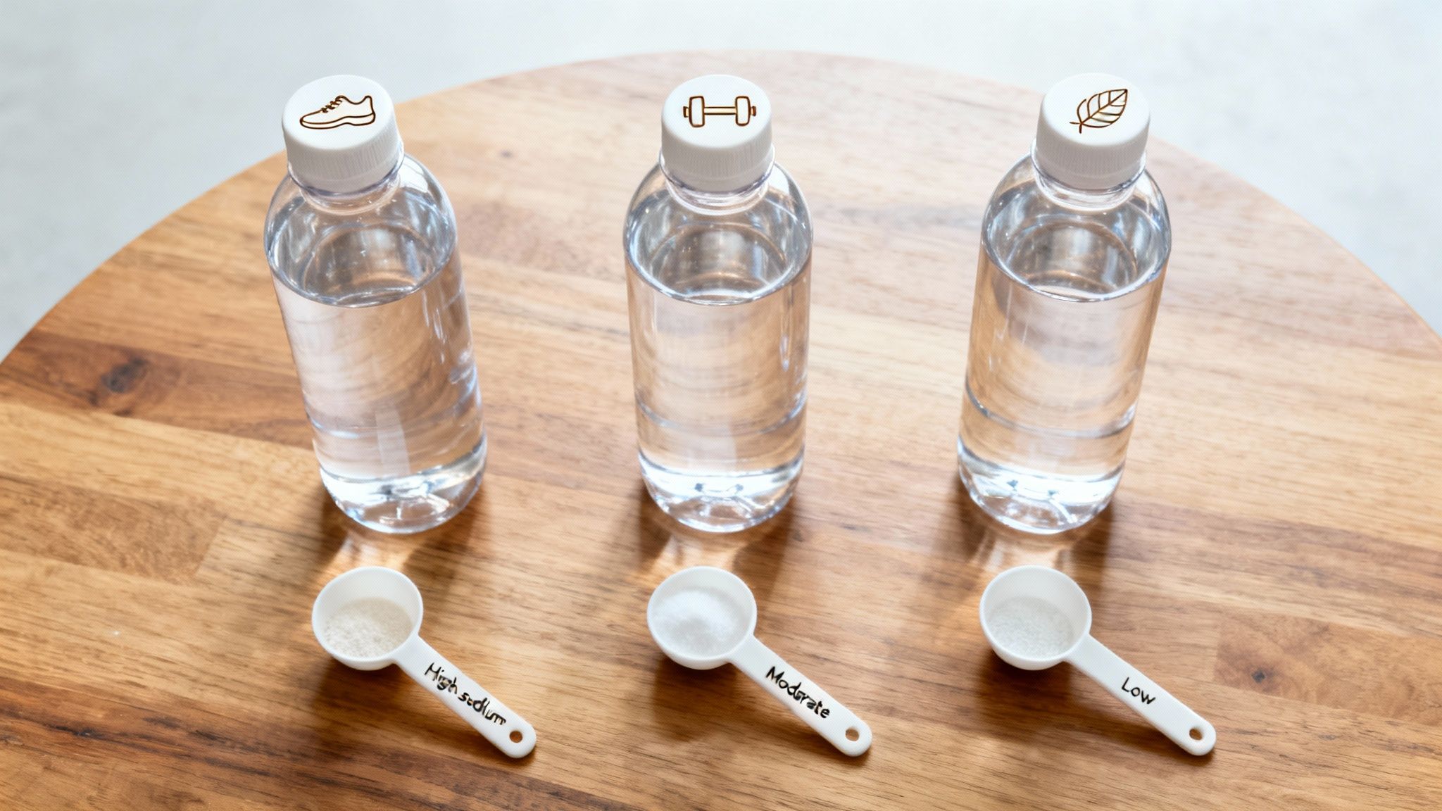 Three water bottles with symbols for running, workout, and wellness, alongside spoons with high, moderate, and low sodium electrolyte powders.