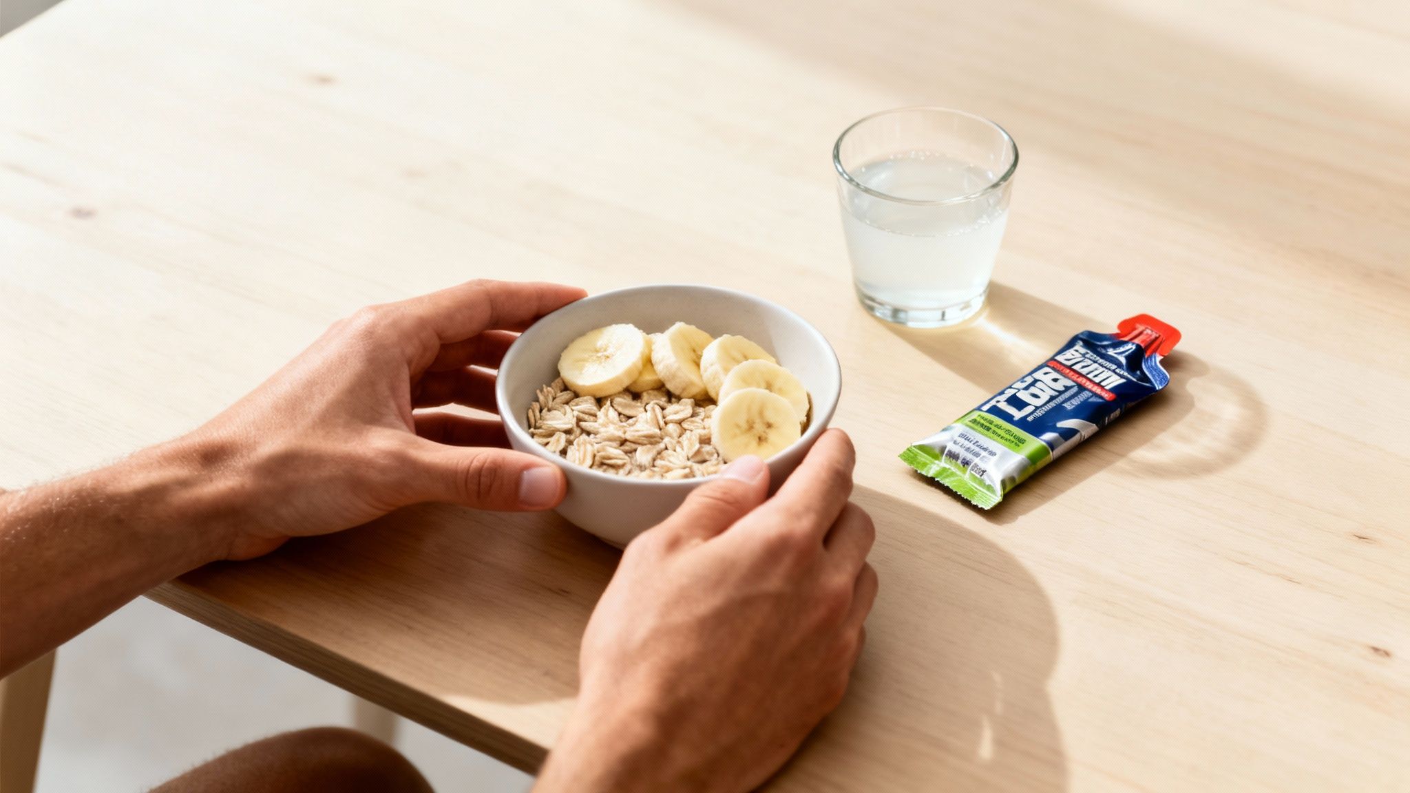 Hands holding a bowl of oatmeal with banana slices, beside water and an energy gel.