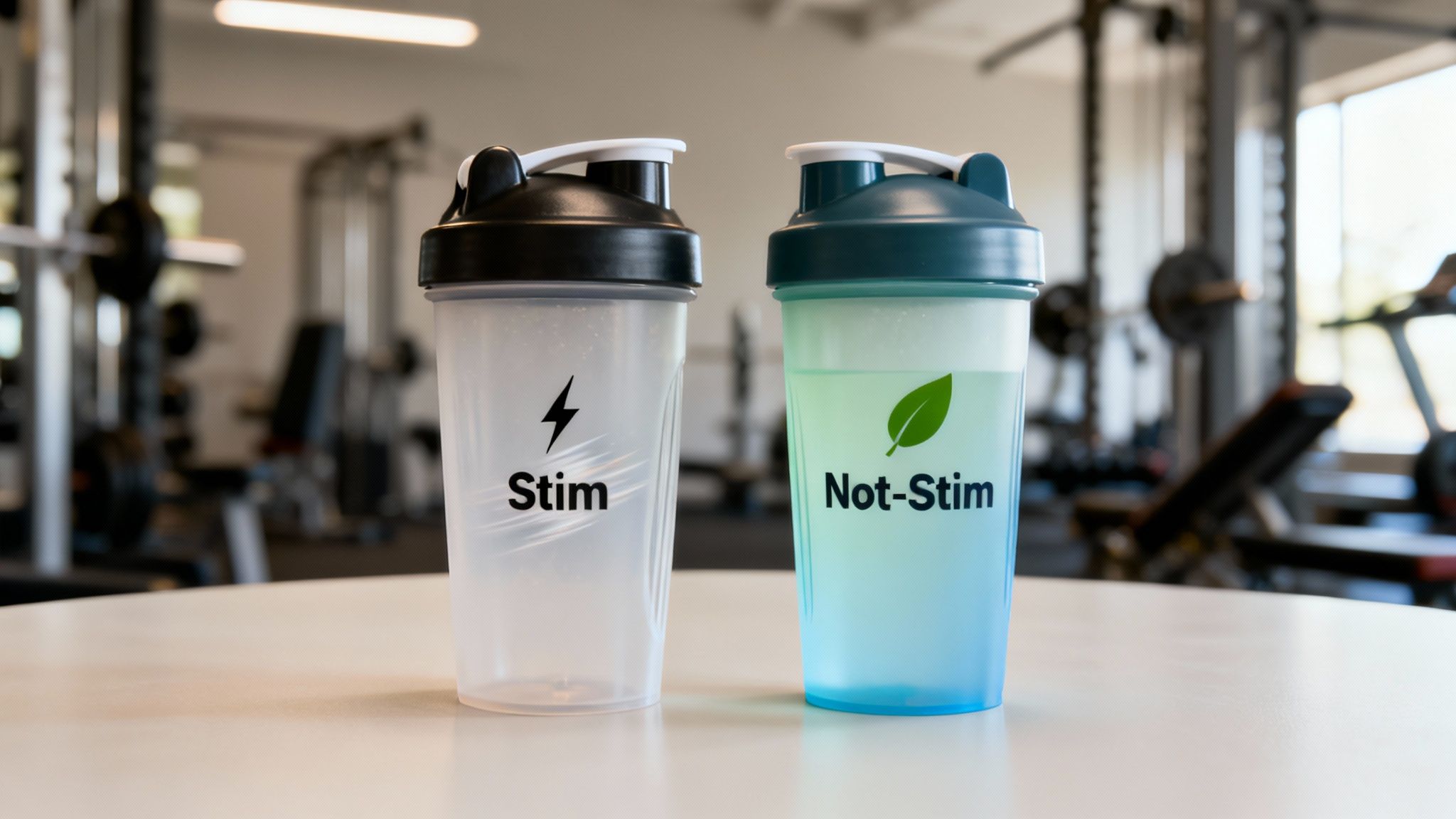 A 'Stim' and 'Not-Stim' shaker bottle on a table in a gym setting.