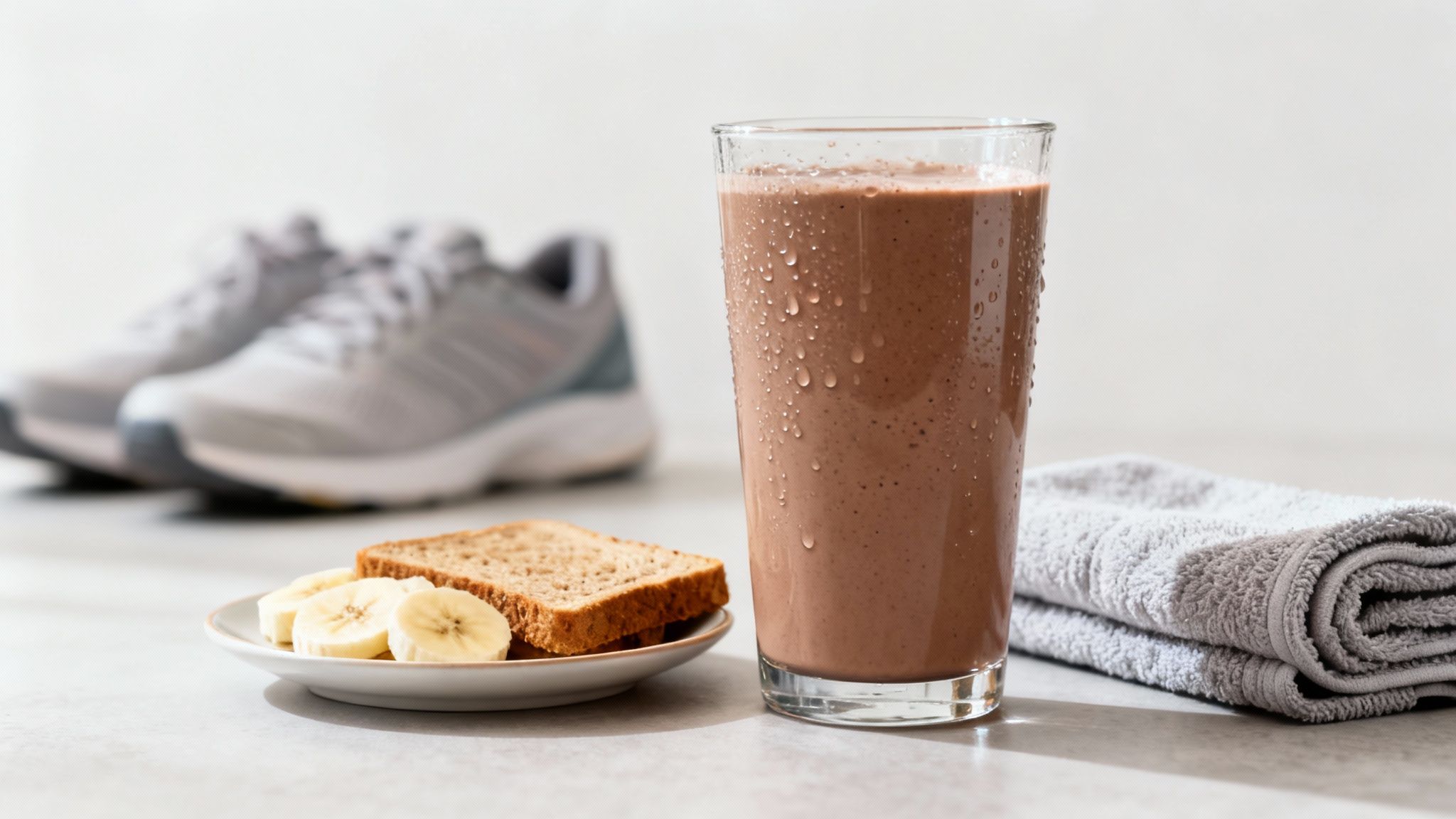 A refreshing chocolate protein shake, toast, and banana slices with running shoes in the background for post-workout nutrition.