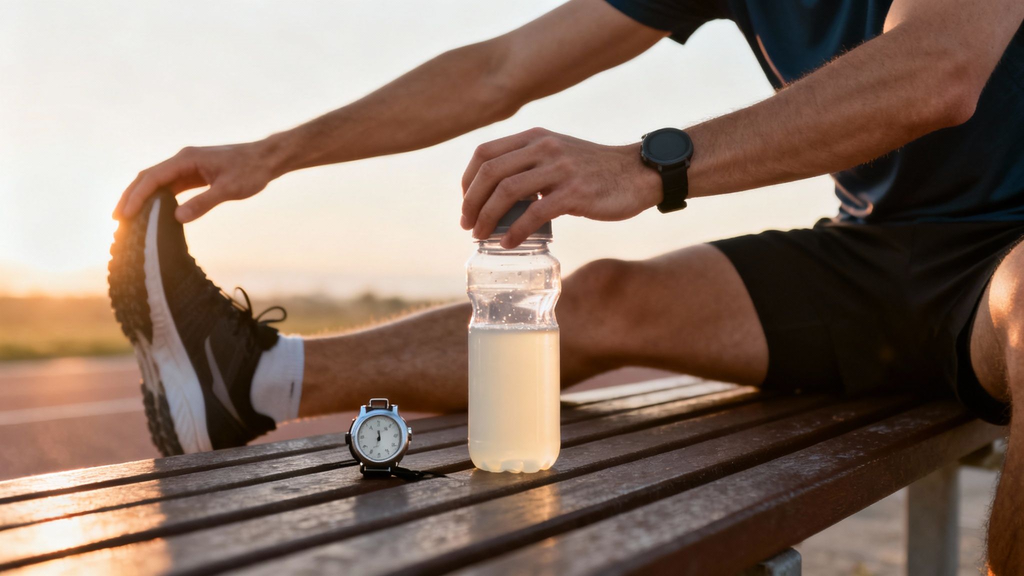 Athlete stretches on a bench at sunset, with an electrolyte drink and stopwatch nearby.