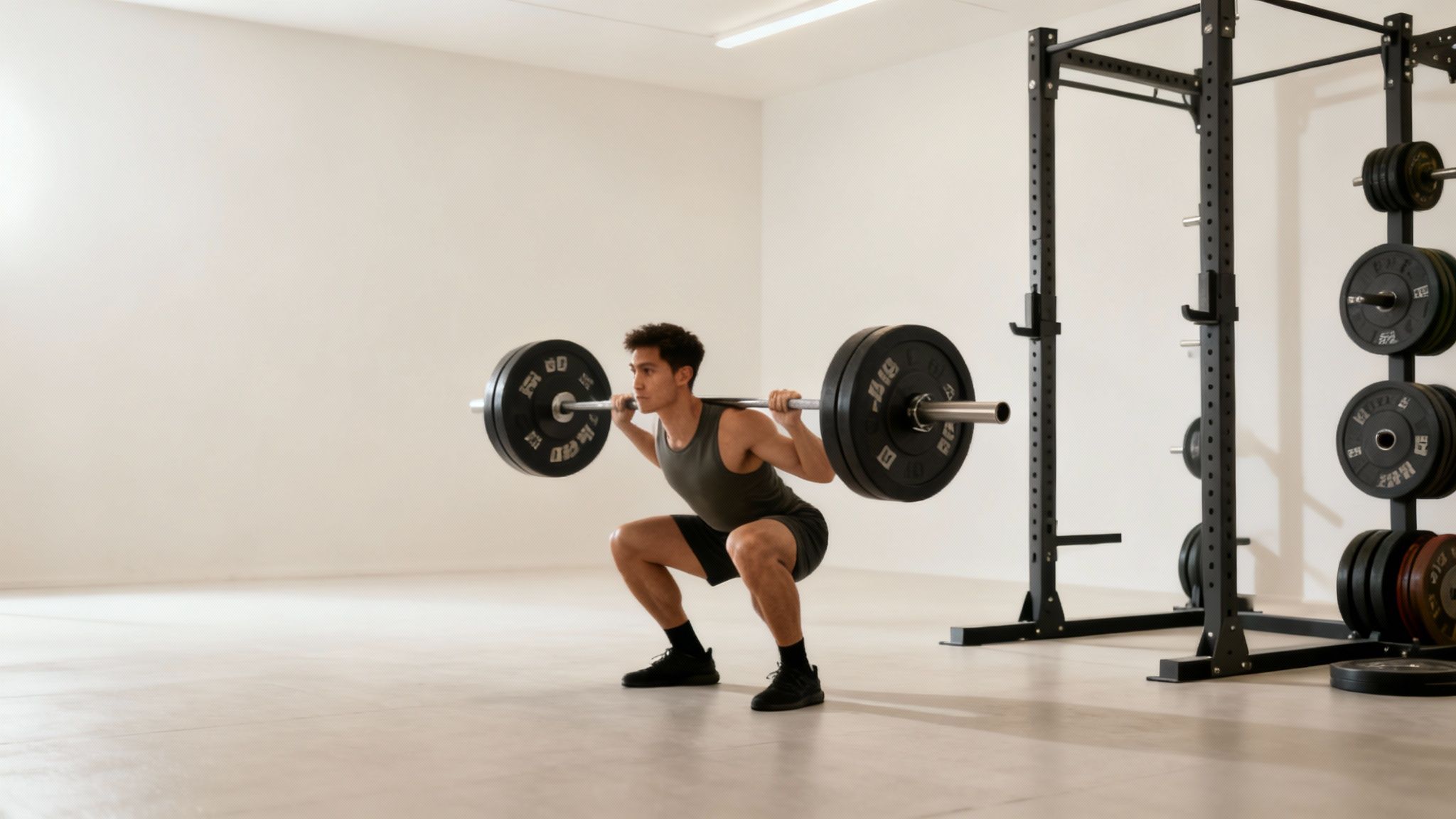 Young man doing heavy barbell squats in a clean, modern gym with power rack.