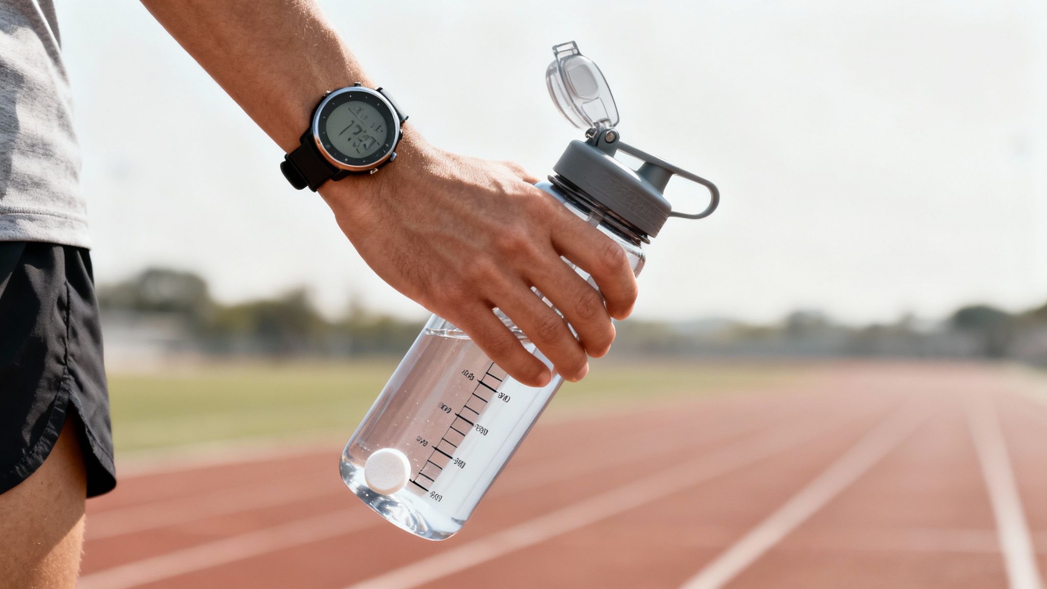 Athletic person holding water bottle with measurement markings on running track wearing sports watch
