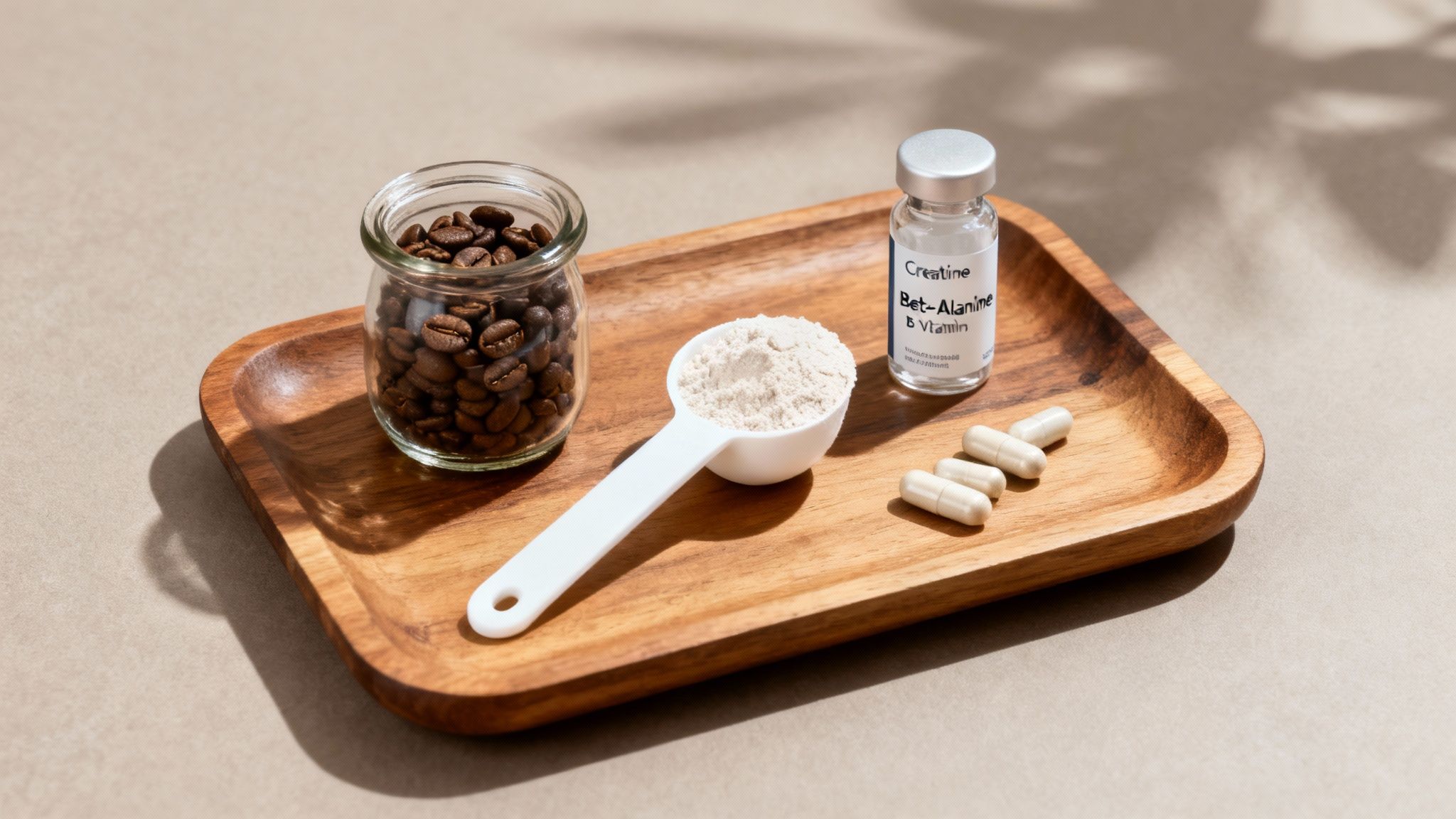 Wooden tray displaying coffee beans, protein powder, creatine supplement bottle, and capsules for energy