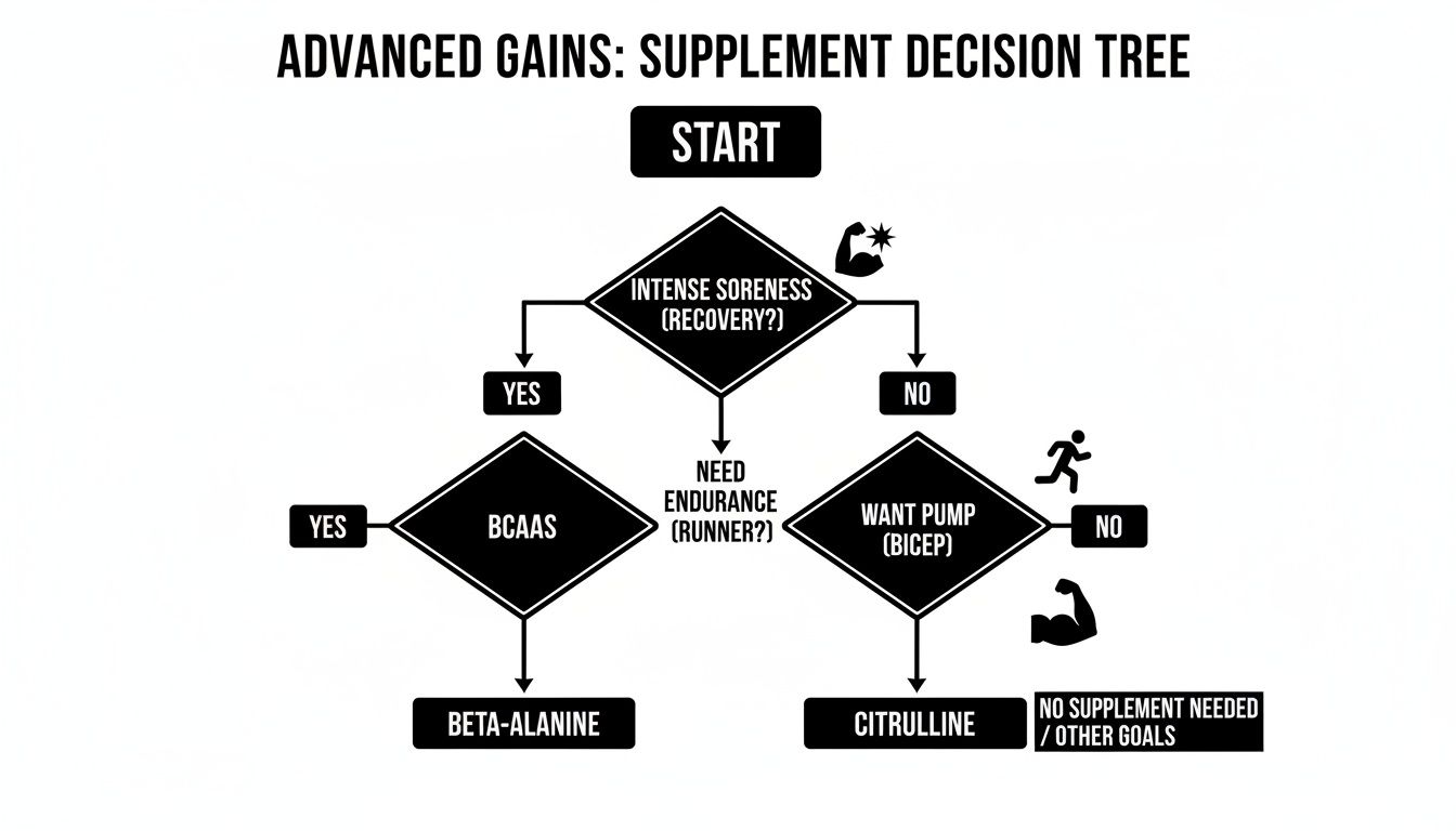 Decision tree flowchart for choosing advanced gains supplements based on recovery, endurance, and pump goals.