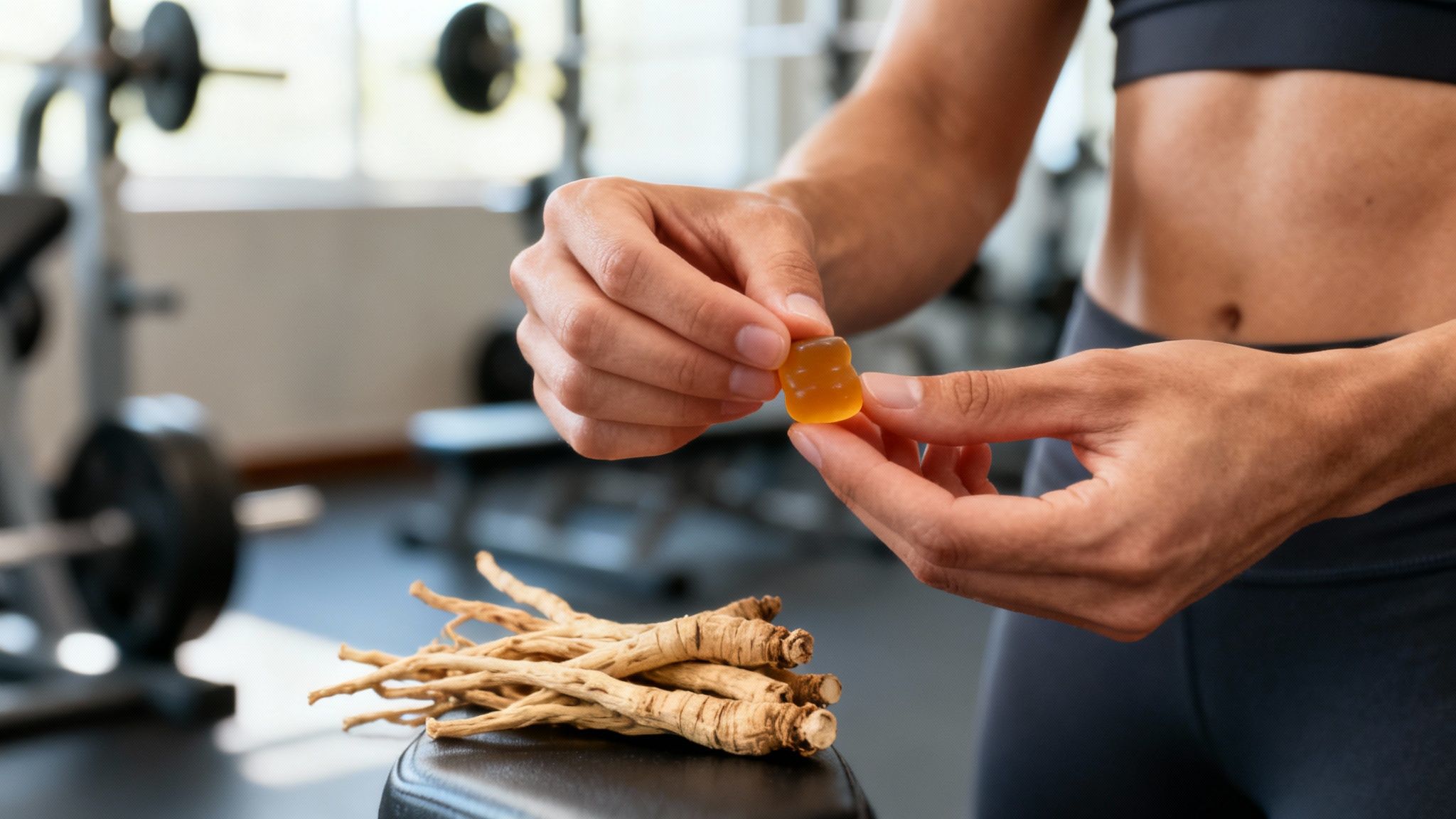 A fitness person holds a yellow gummy, with dried ashwagandha roots on a gym bench.