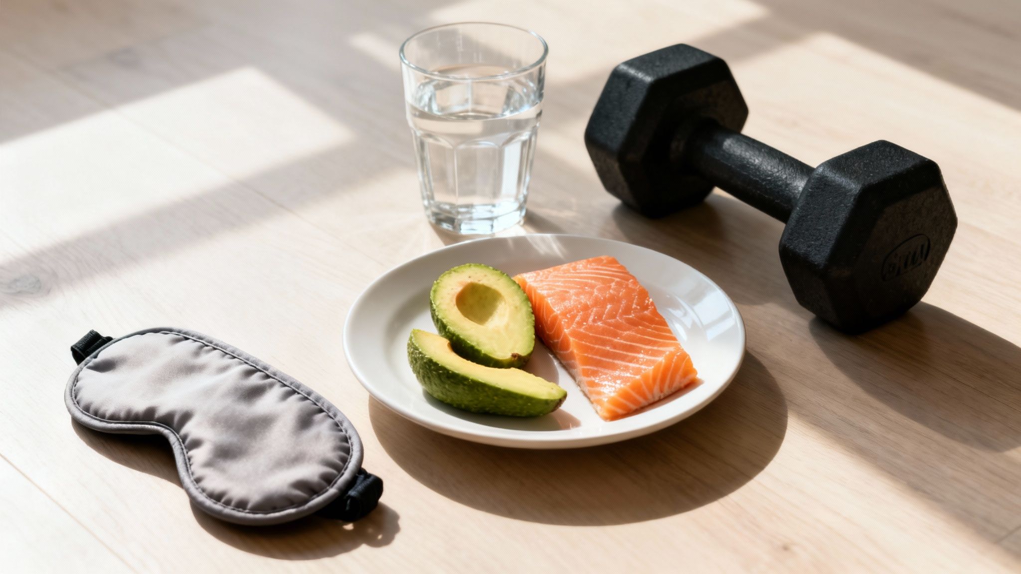 Healthy lifestyle flat lay with salmon, avocado, water, a dumbbell, and a sleep mask on wood.