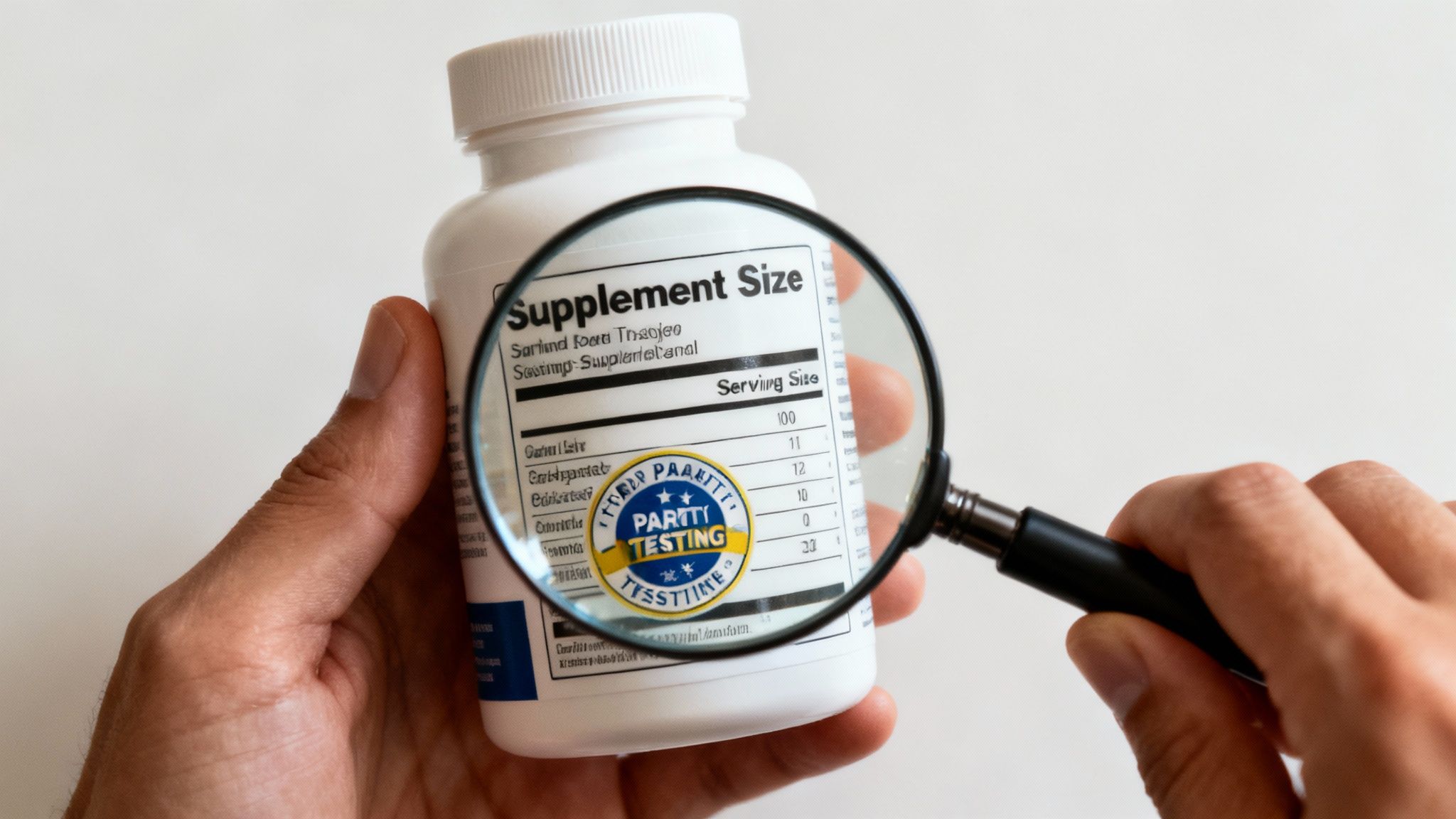 Person reading a supplement label carefully