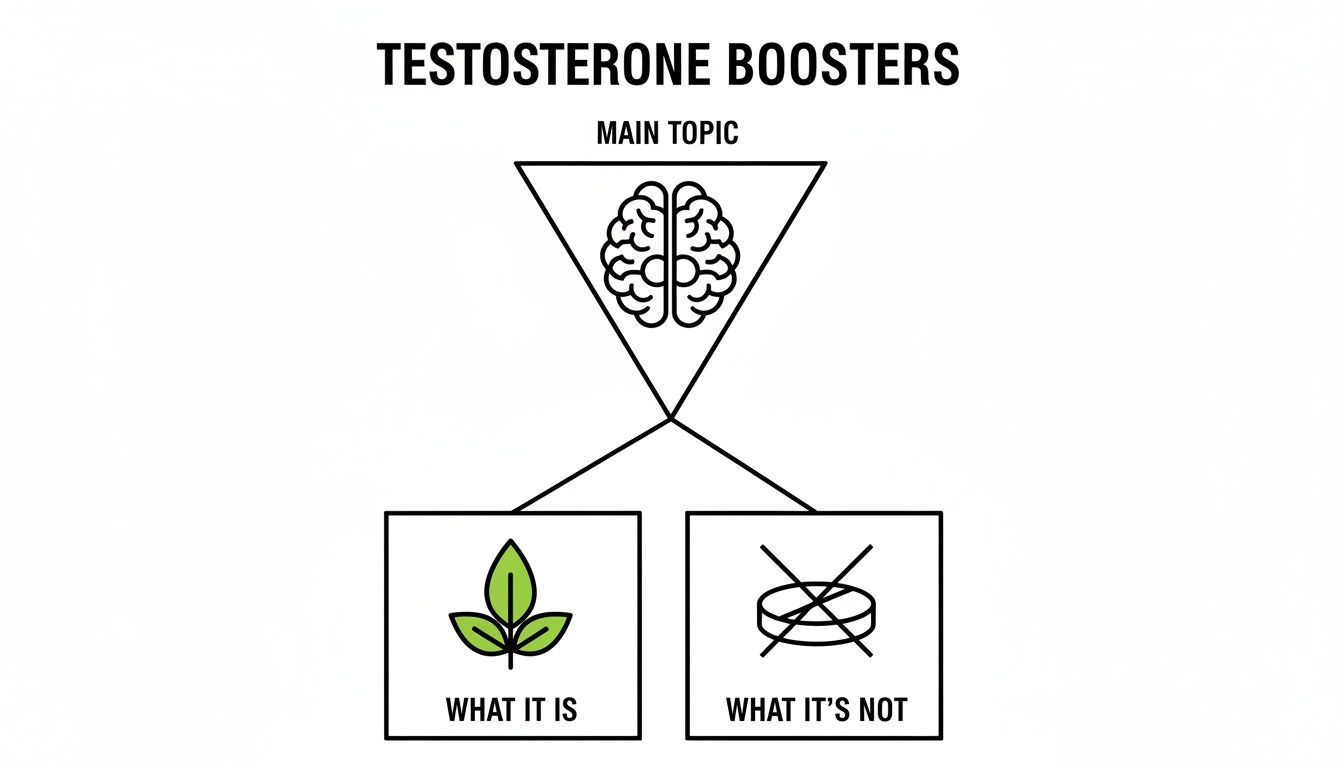 Visual guide on testosterone boosters: main topic, what it is (natural/leaf), and what it's not (pills).
