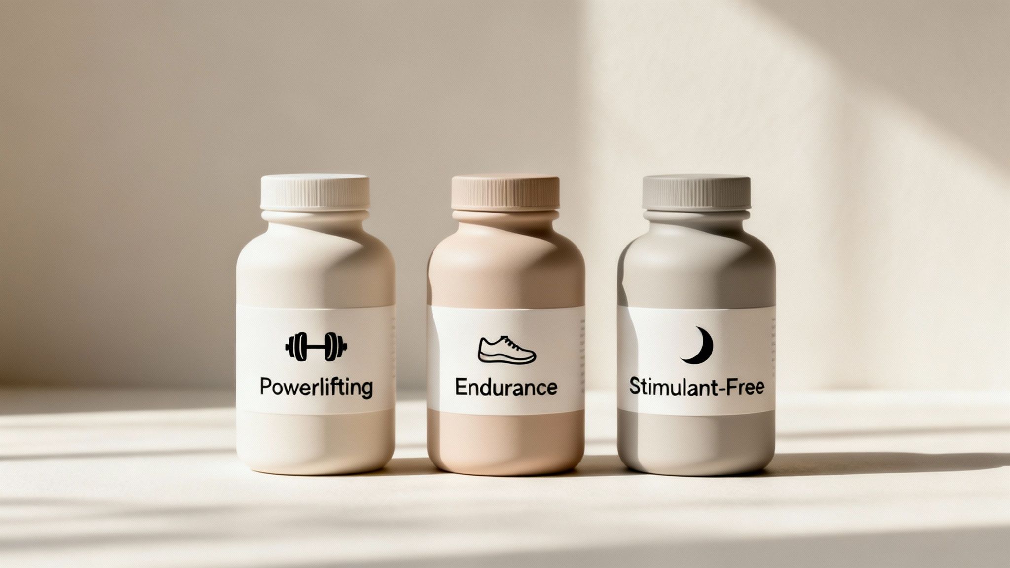 Three minimalist supplement bottles for powerlifting, endurance, and stimulant-free use, with shadows.
