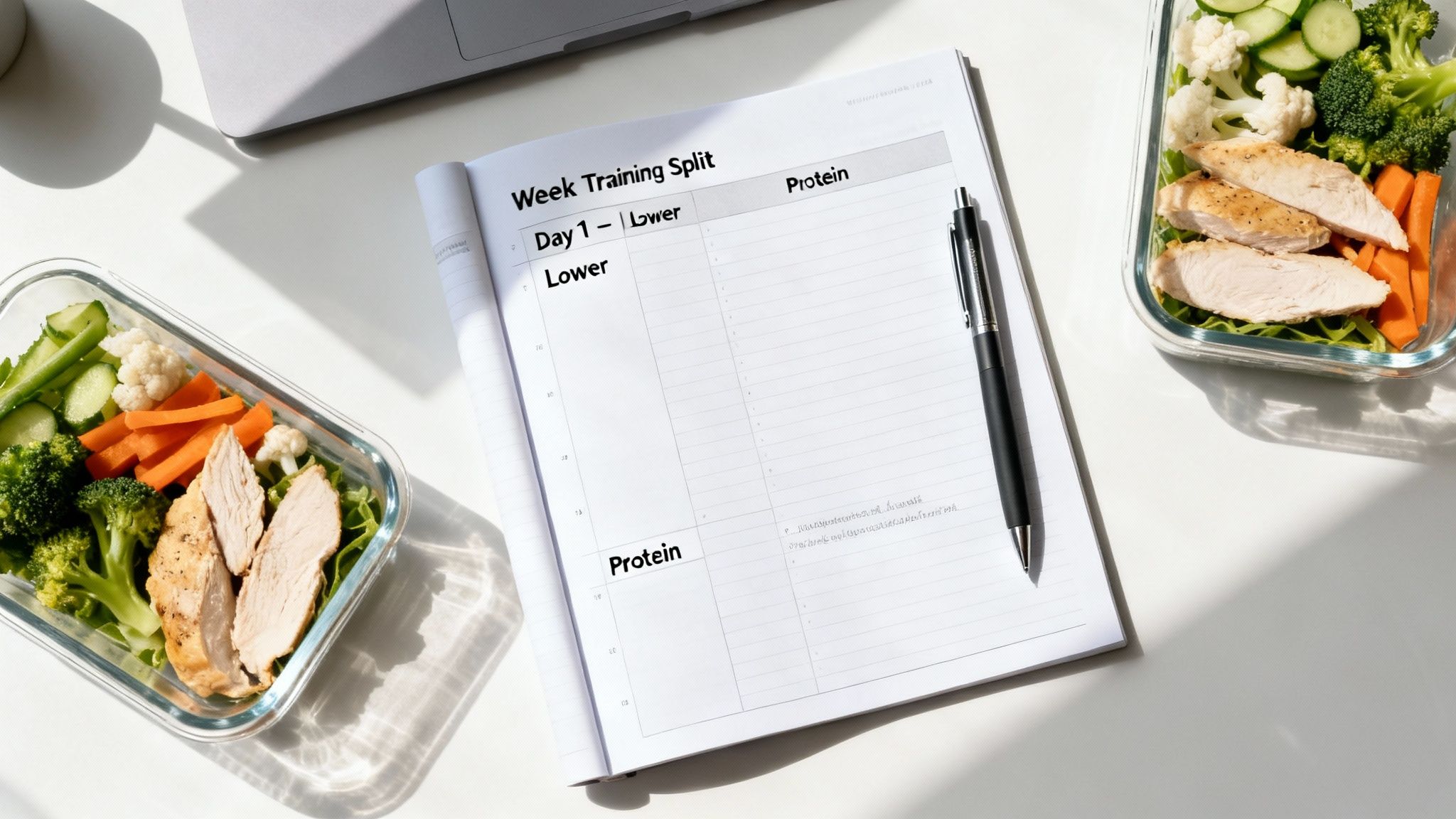 Overhead view of a fitness planner, pen, and two healthy chicken and vegetable meal prep containers.