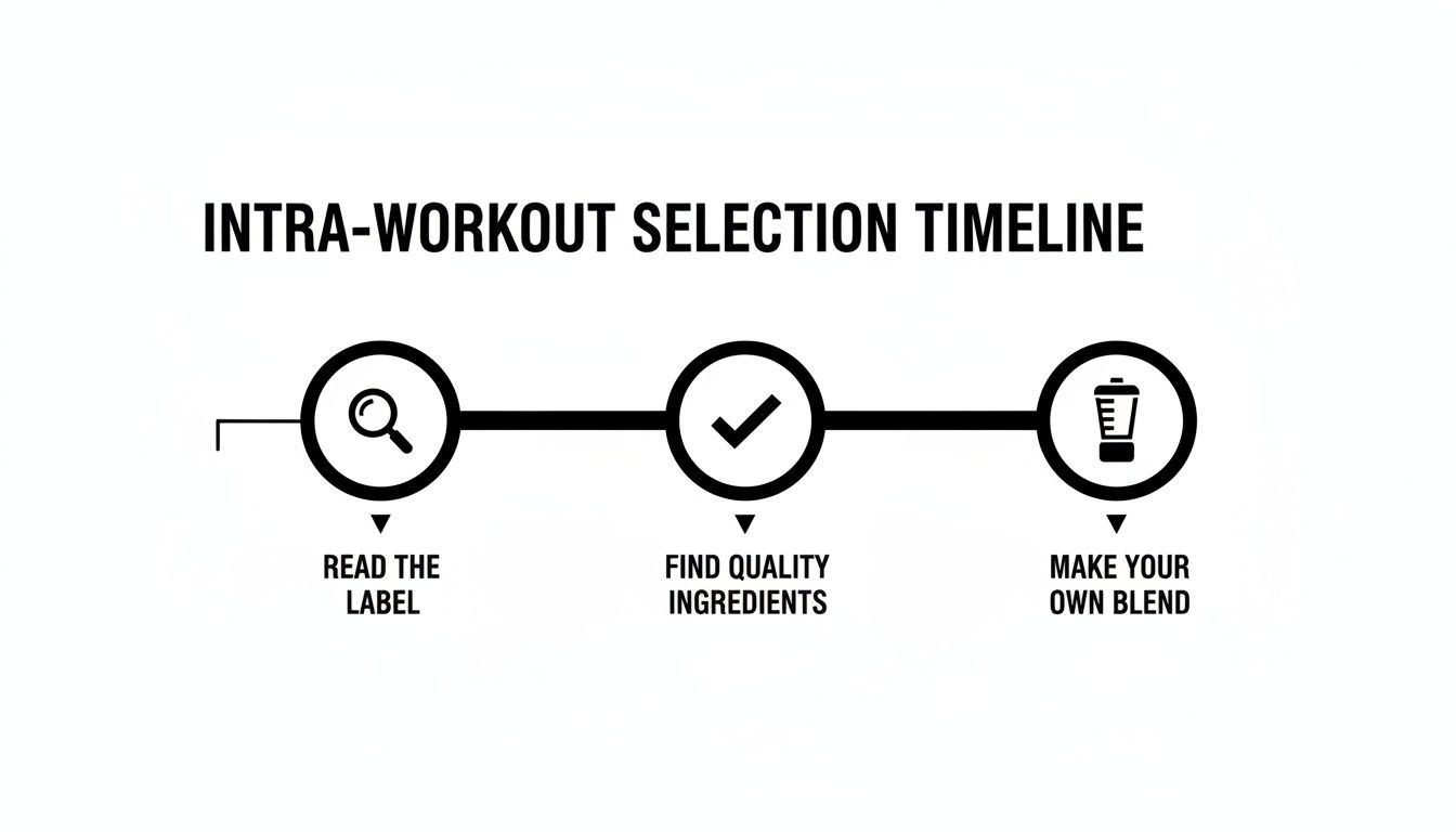 A black and white infographic timeline shows three steps for intra-workout drink selection: read the label, find quality ingredients, and make your own blend.