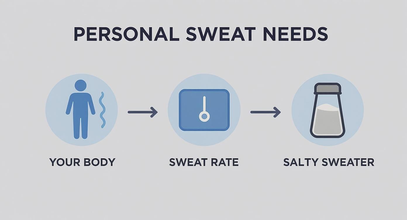 Infographic showing personal sweat needs from body to sweat rate measurement to salty sweater determination