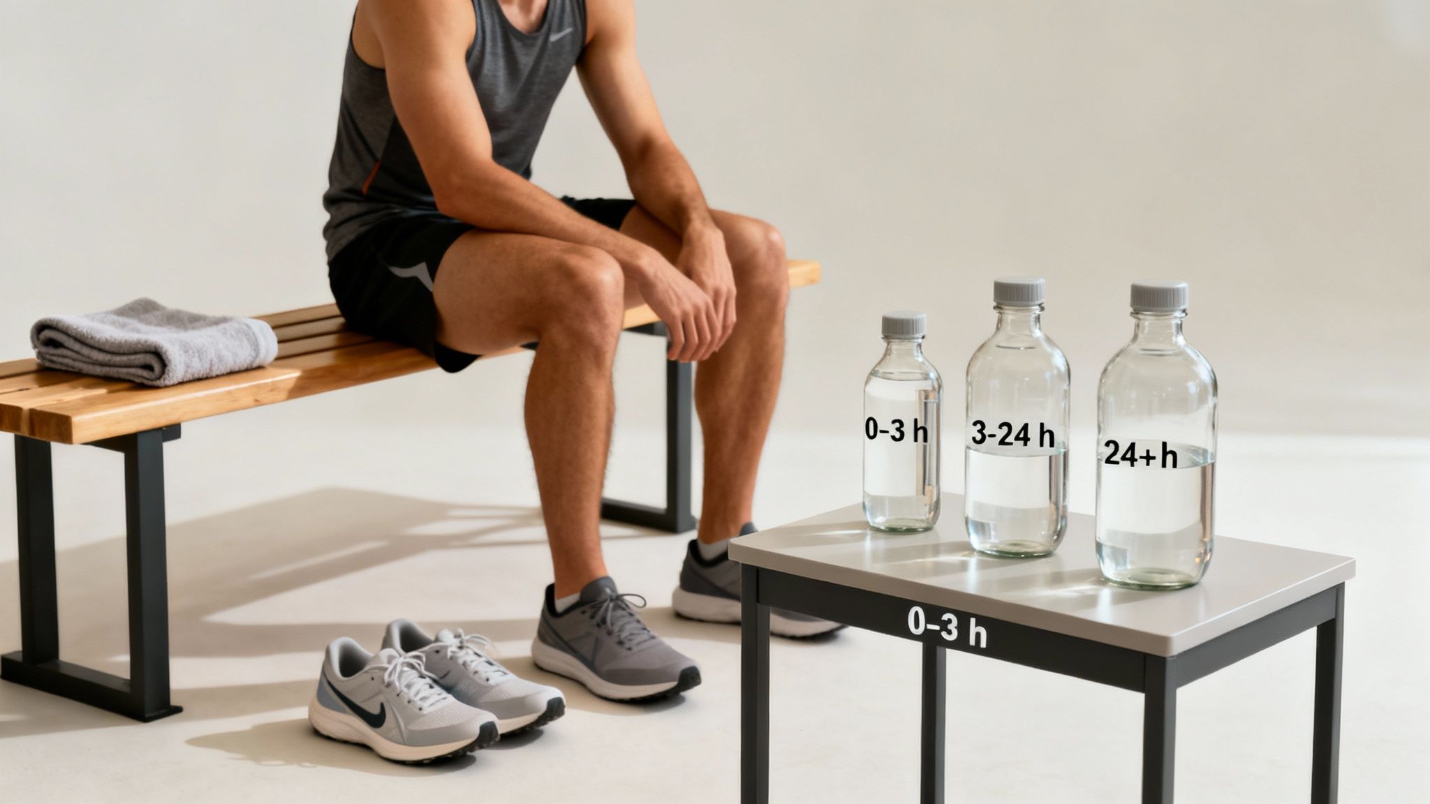 Man in gym wear on a bench, with water bottles on a table labeled for hydration times.