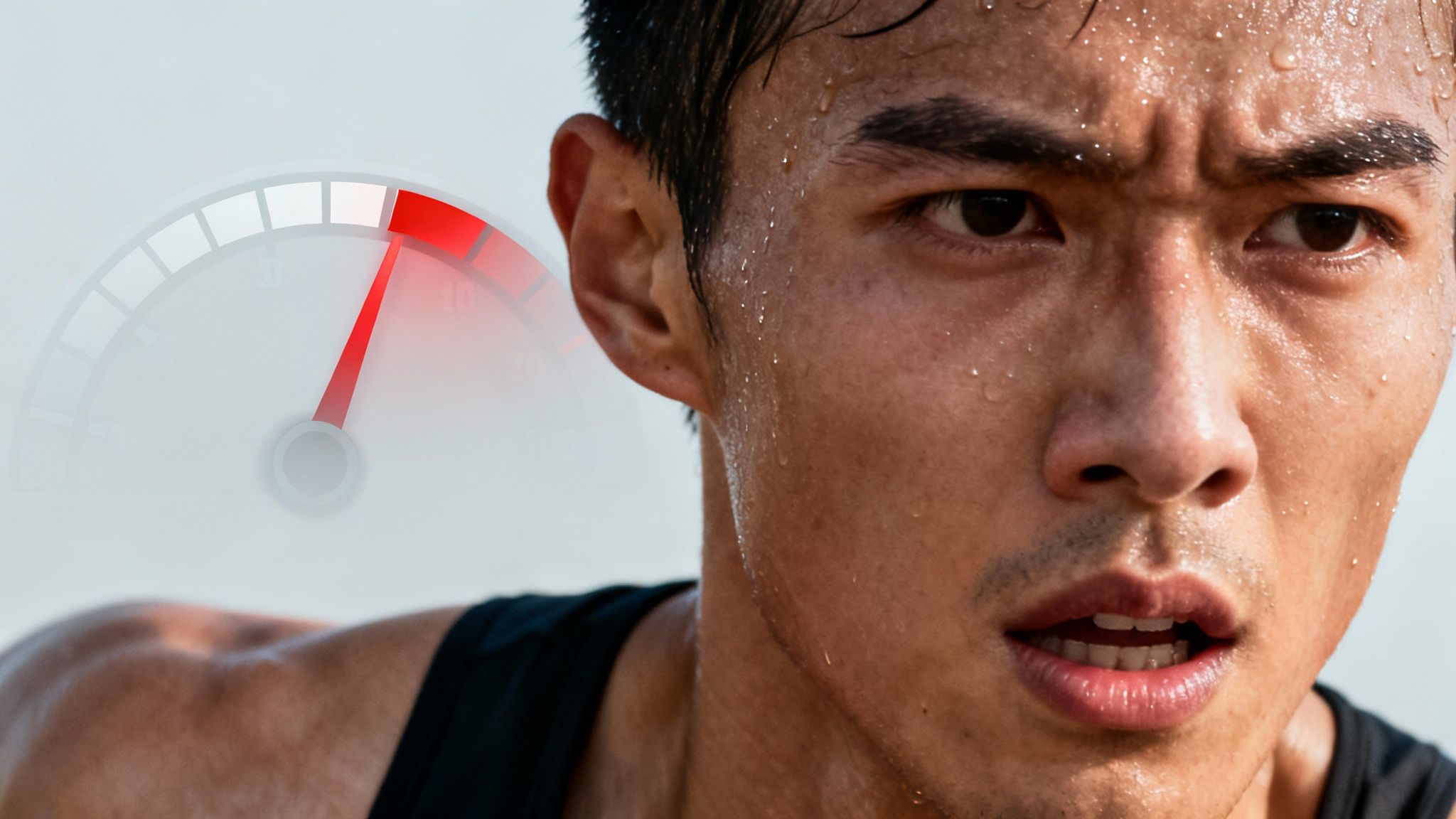 A determined, sweating male athlete focused on performance, with an overlay of a high-intensity dial.