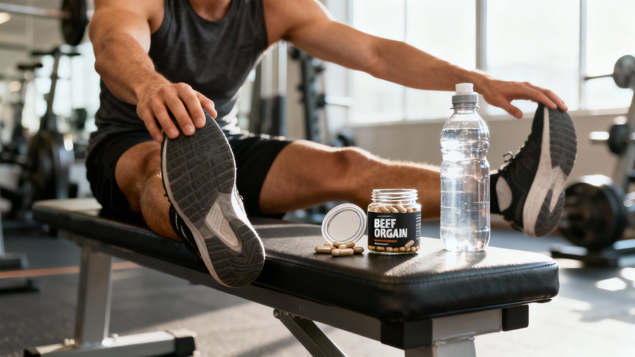 Man stretching in a gym with a water bottle and a jar of beef organ supplements on a bench.