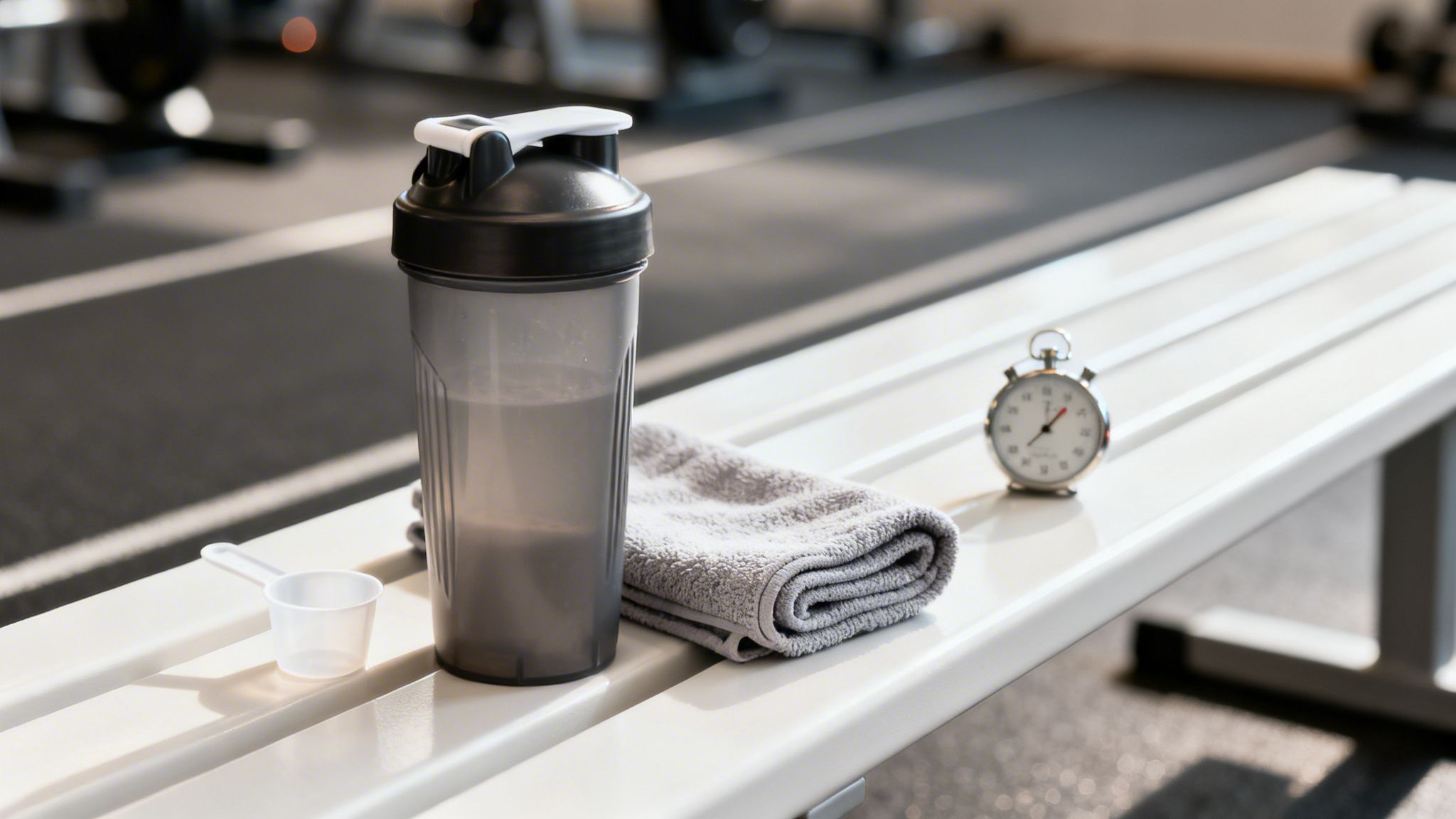 A gym bench with a protein shaker, towel, scoop, and stopwatch for post-workout recovery.