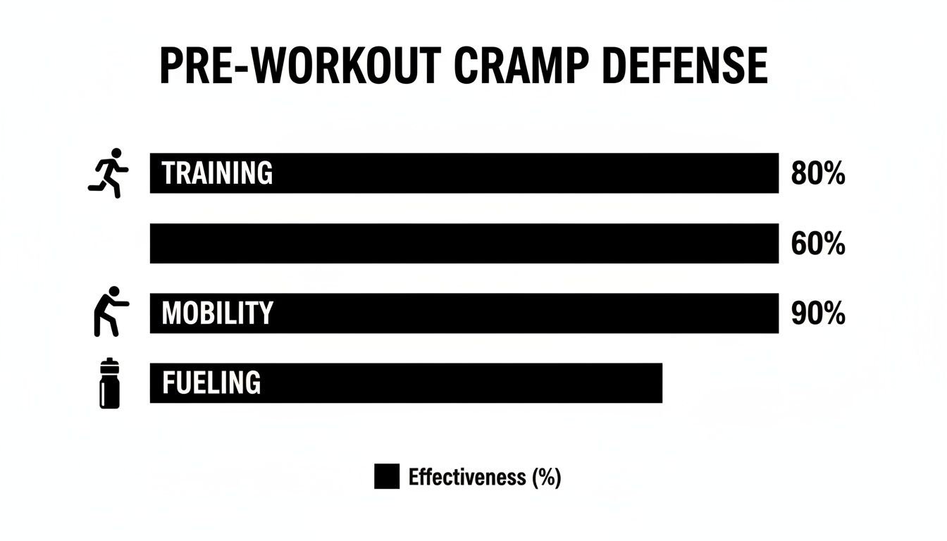 Bar chart on pre-workout cramp defense shows effectiveness for Training (80%), Mobility (90%), and Fueling.