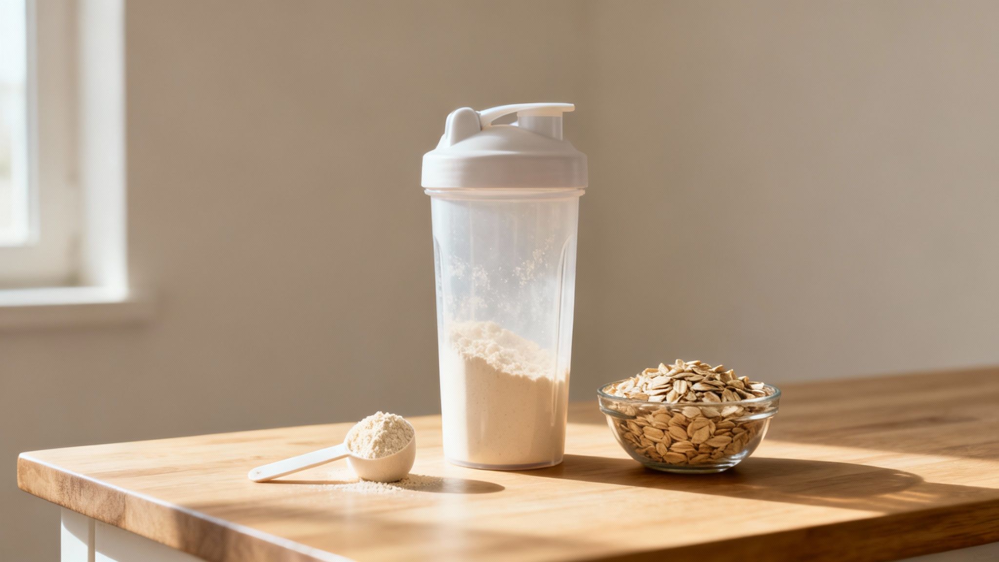 Protein powder in a shaker bottle, a scoop, and a bowl of oats on a wooden table.