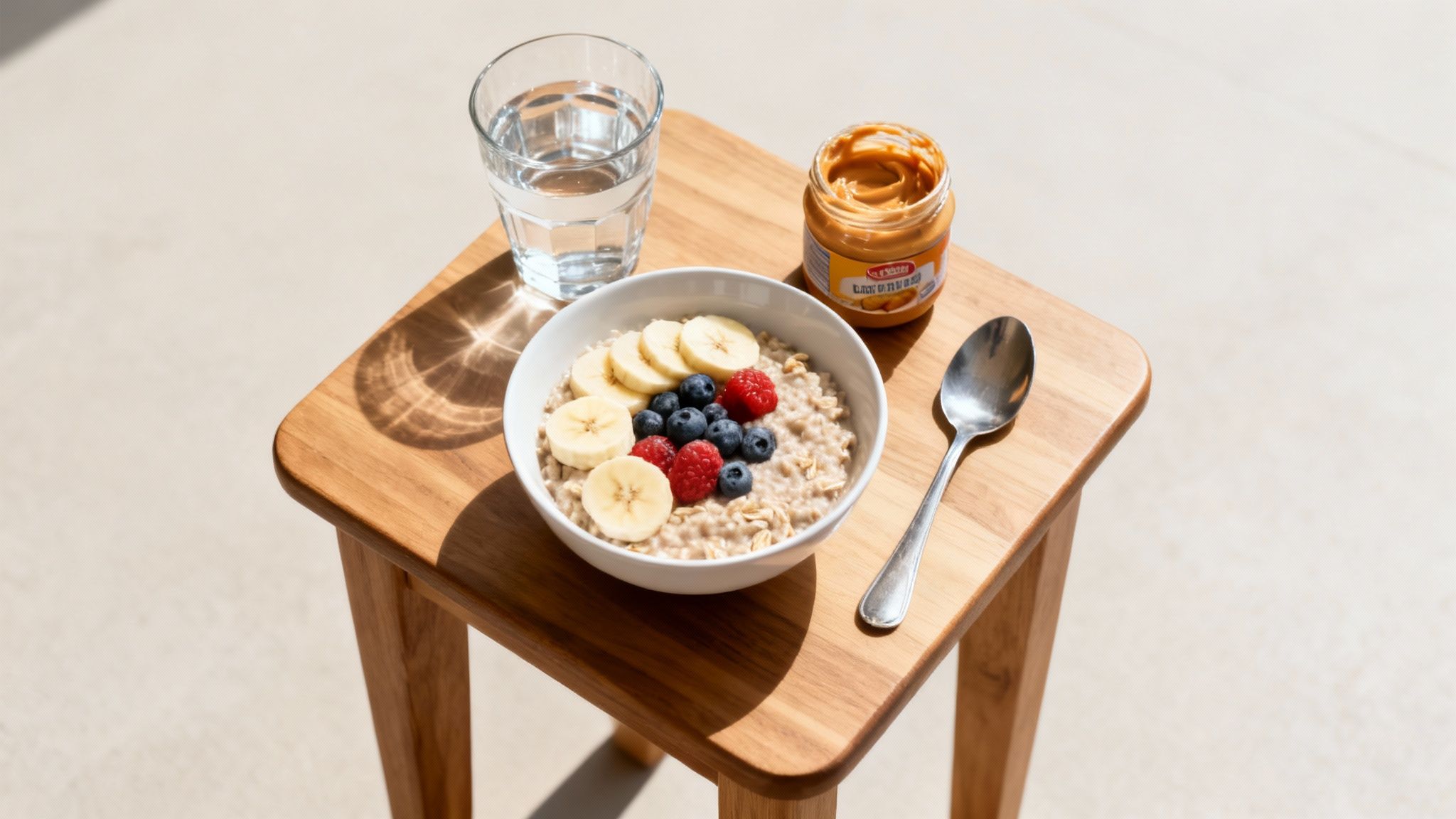 A colorful spread of healthy foods including fruits, vegetables, and grains, representing fuel for running.