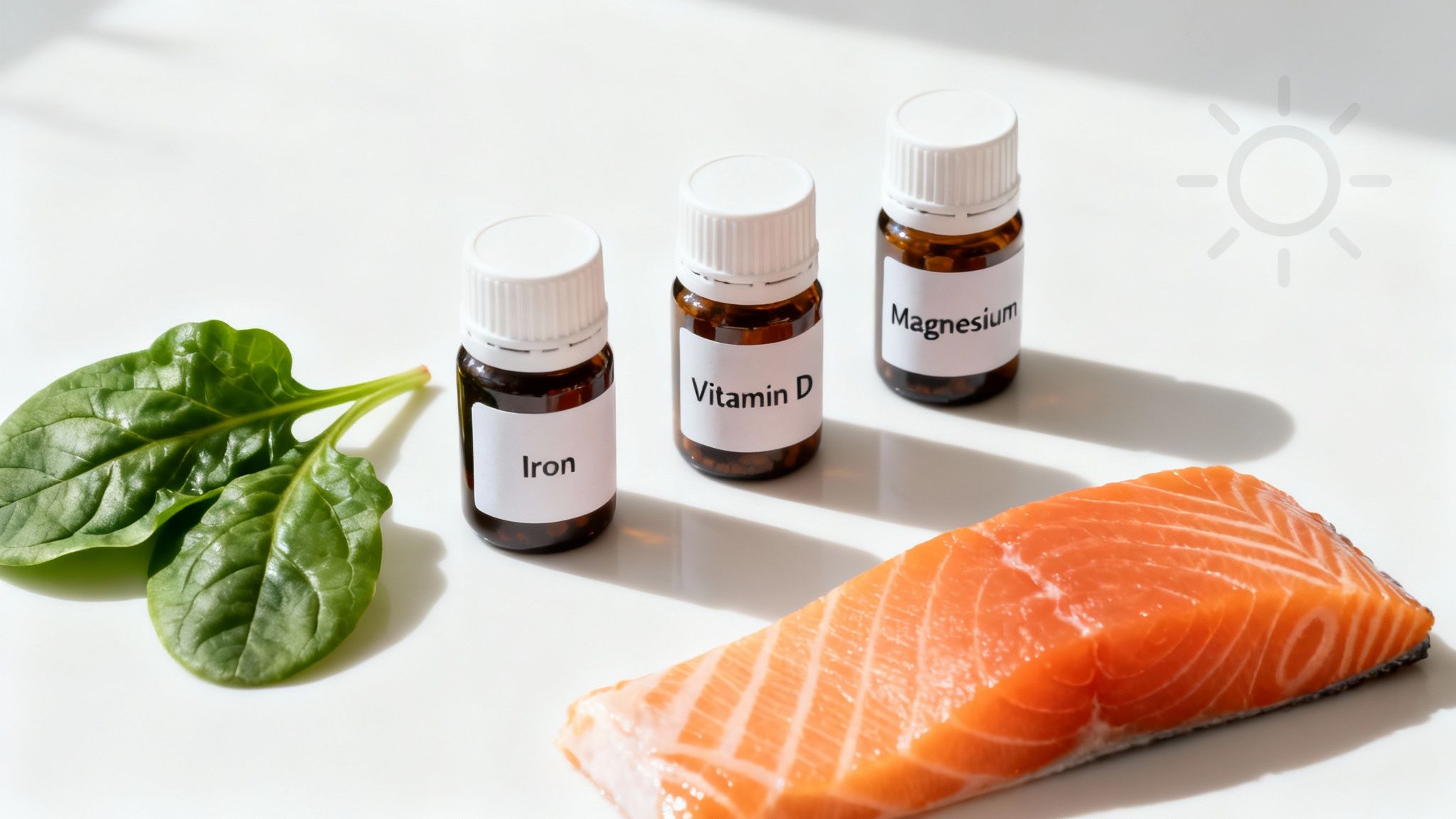 Spinach leaves, salmon, and supplement bottles for iron, vitamin D, and magnesium on a white surface.