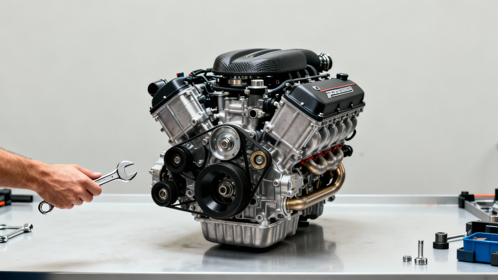 A mechanic's hand holds a wrench next to a powerful V8 performance car engine on a workbench.