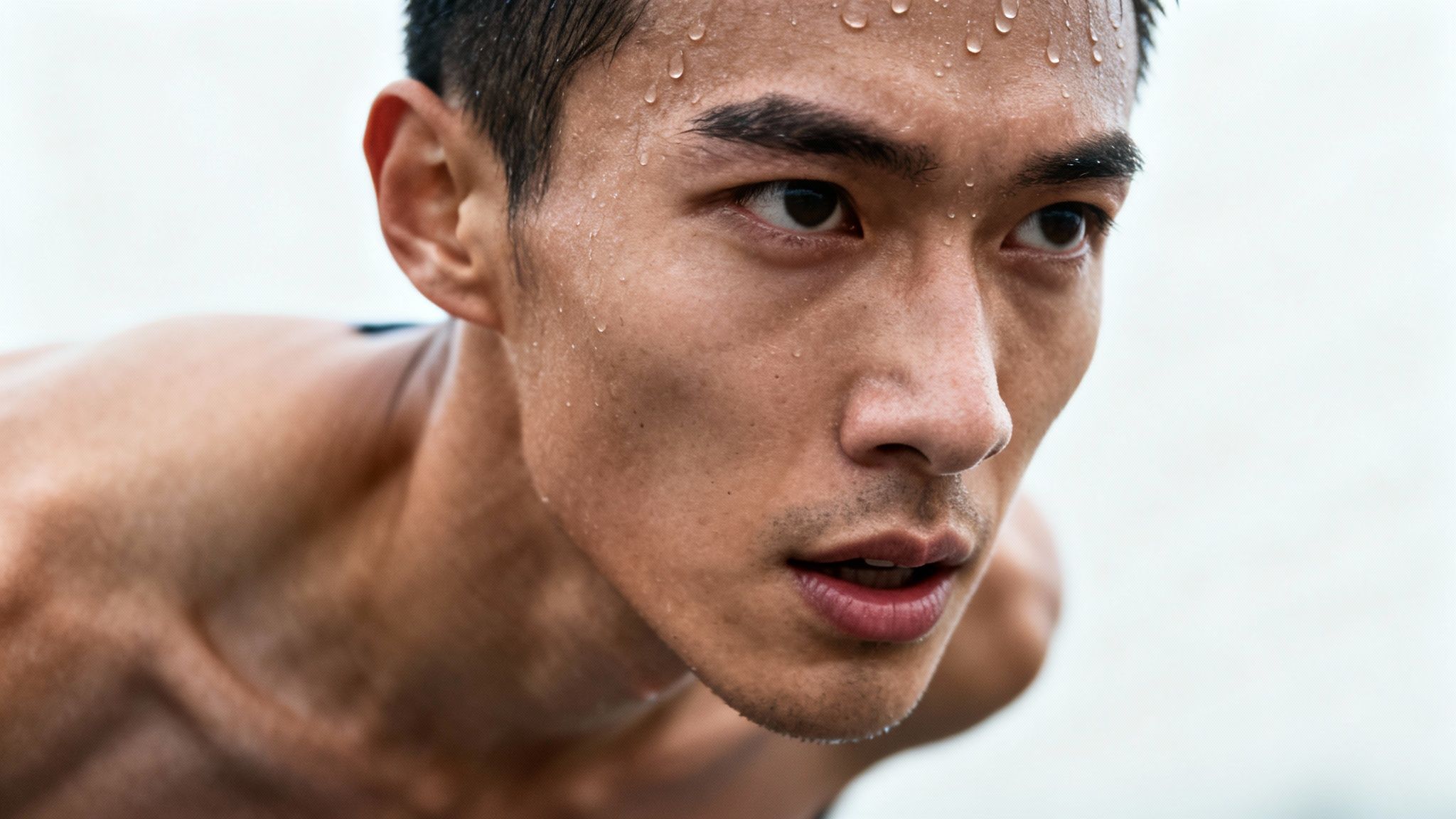 Close-up of a determined, sweaty male athlete looking focused during a intense workout.