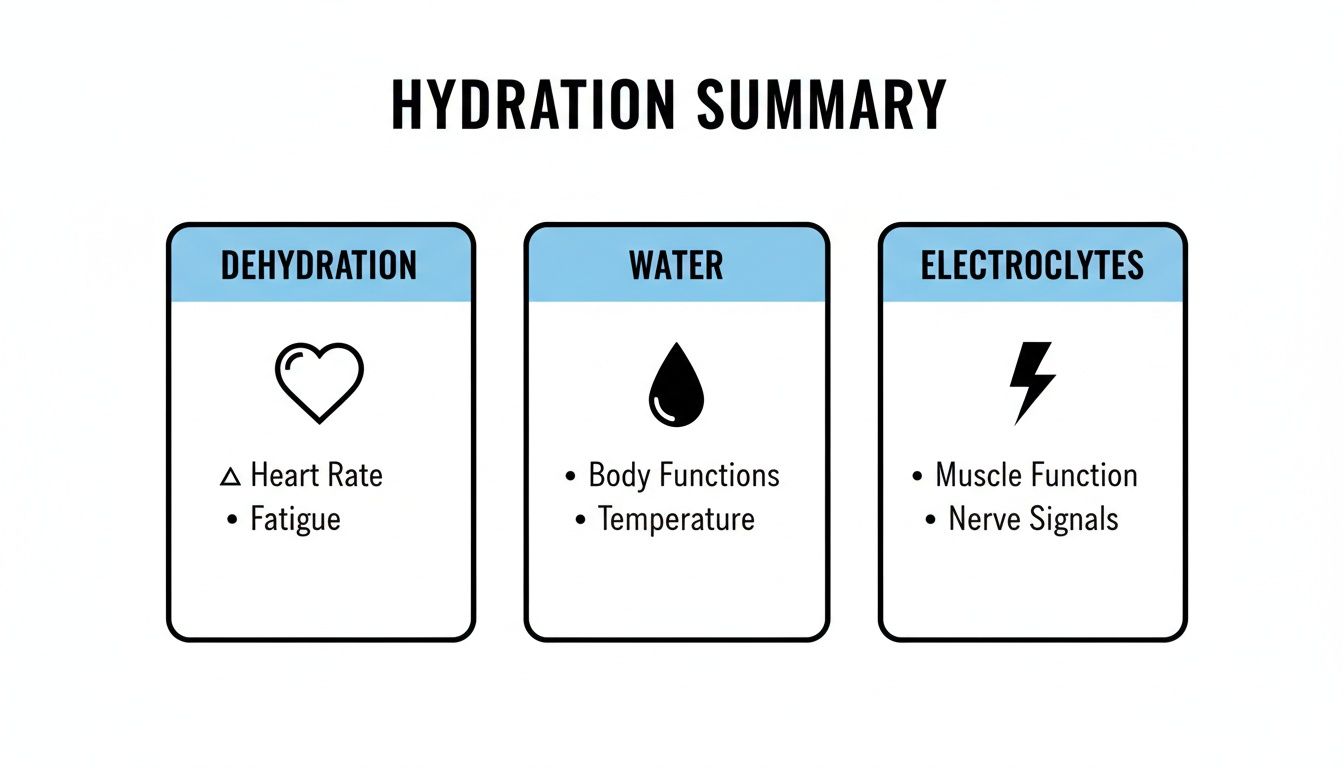 A hydration summary infographic showing the effects of dehydration, benefits of water, and importance of electrolytes.
