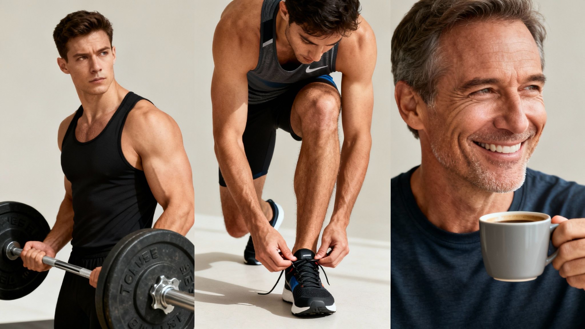 Collage of men depicting healthy lifestyles: weightlifting, tying running shoes, and drinking coffee.
