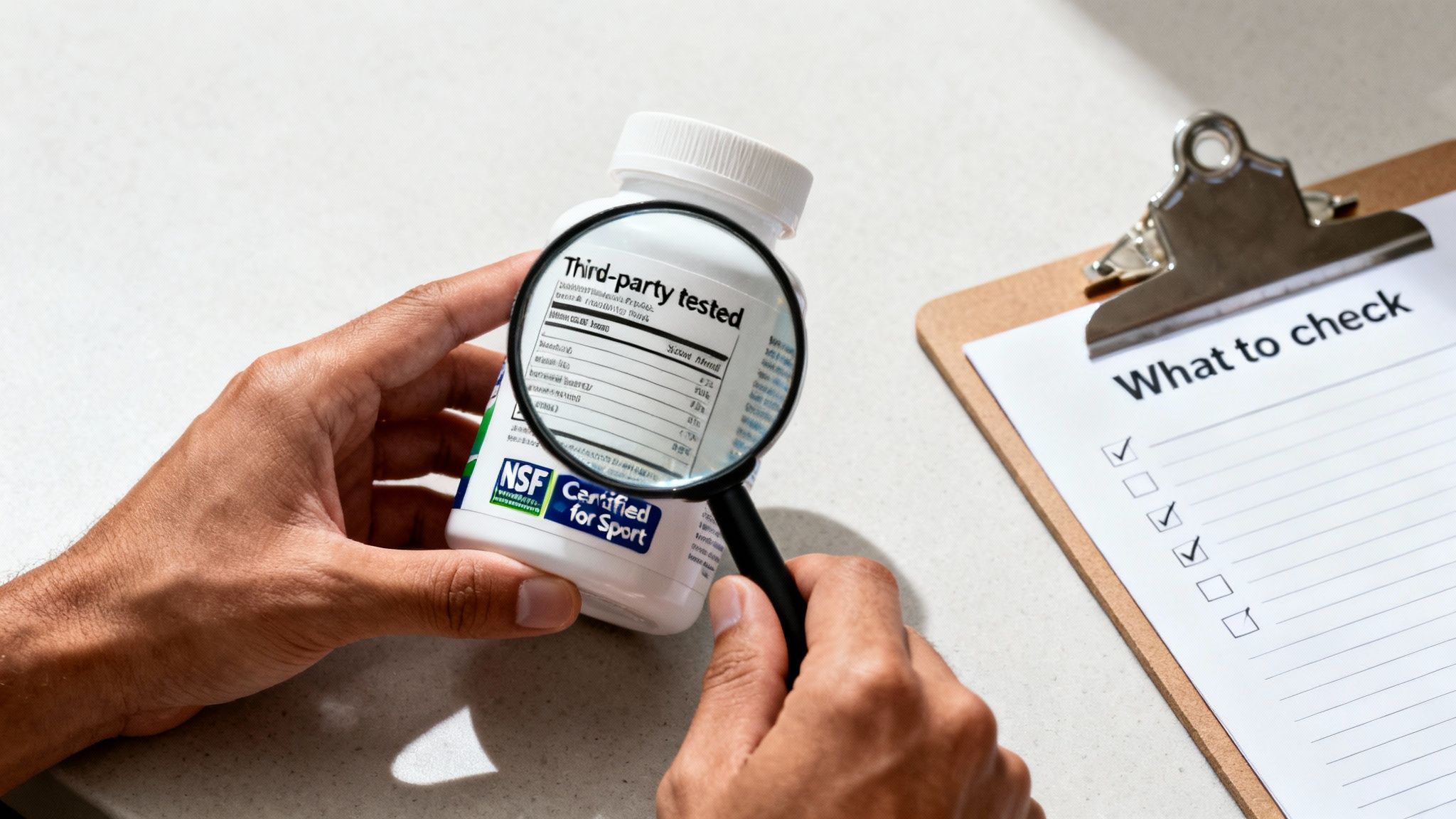 Person examining a supplement bottle label with a magnifying glass, focusing on 'Third-party tested' and 'Certified for Sport' while a checklist is nearby.