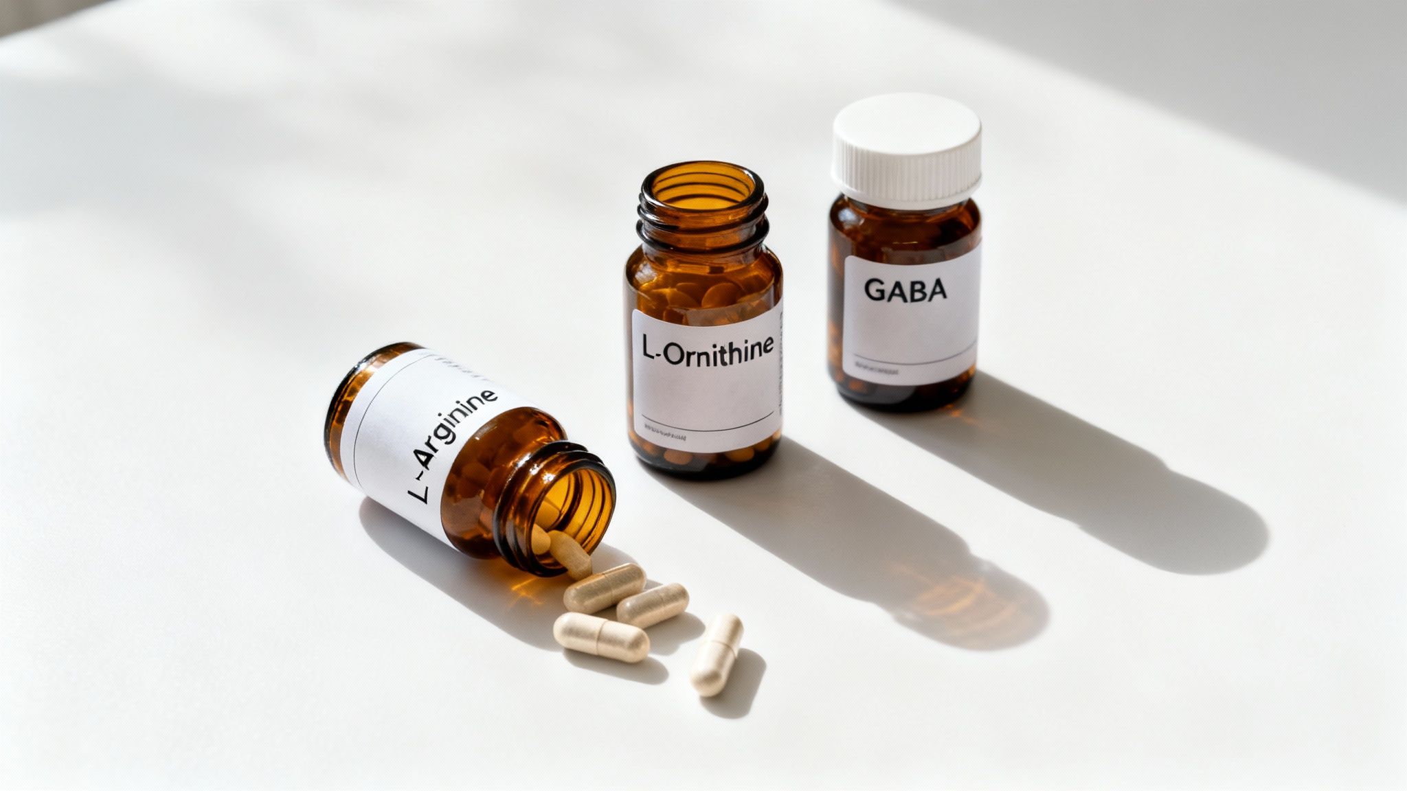 Three amber supplement bottles on white, one spilled with L-Arginine capsules.