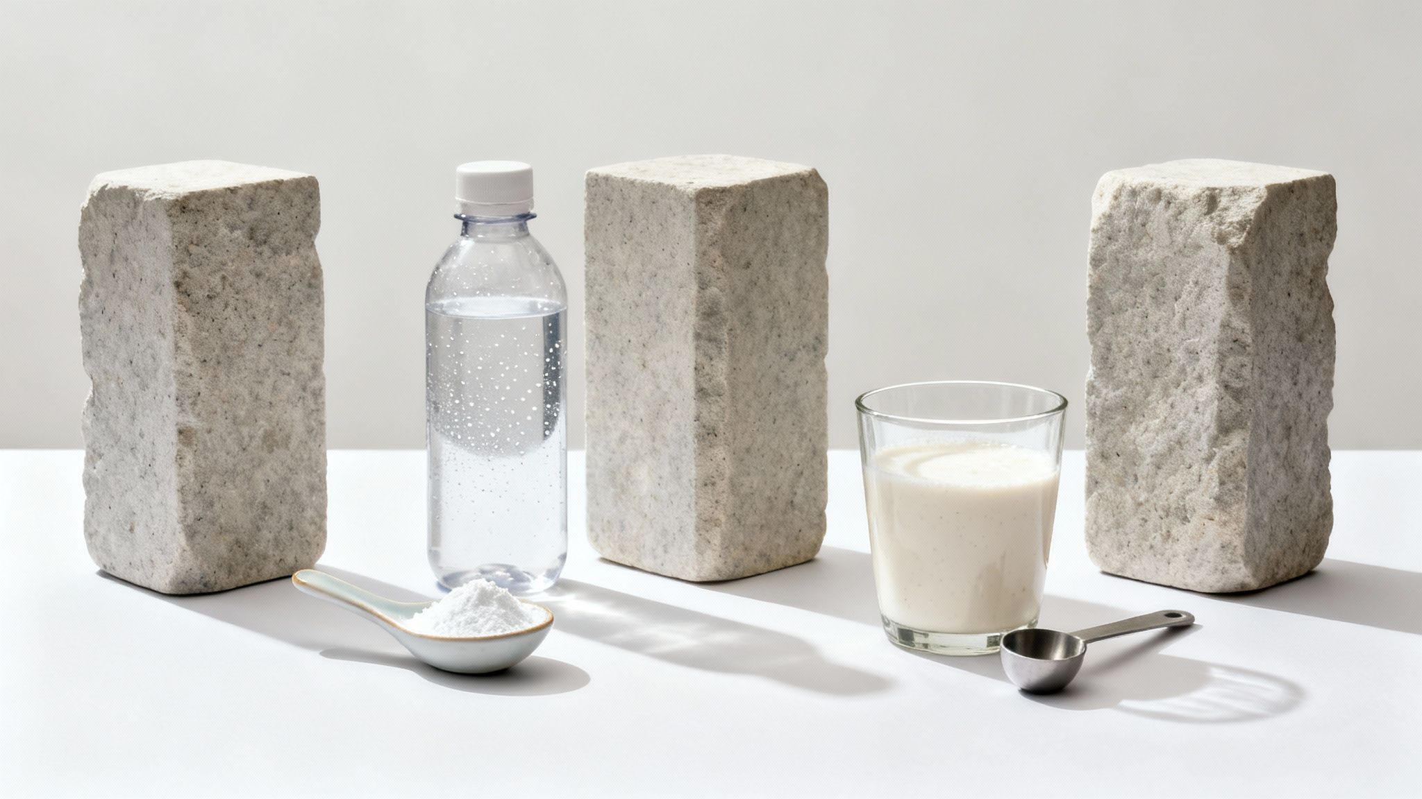 A still life image showing supplement ingredients: powder, water, and a prepared shake, alongside stone blocks.