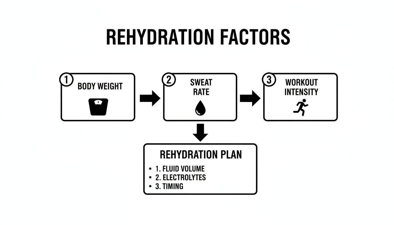 A flowchart showing rehydration factors: body weight, sweat rate, workout intensity, influencing a rehydration plan.