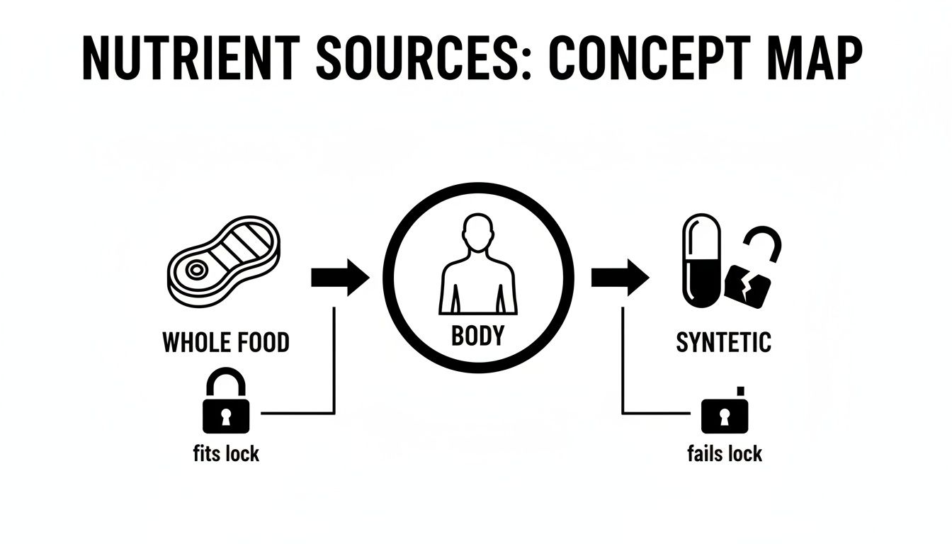 A concept map illustrating nutrient sources, comparing whole foods and synthetic supplements for the human body.