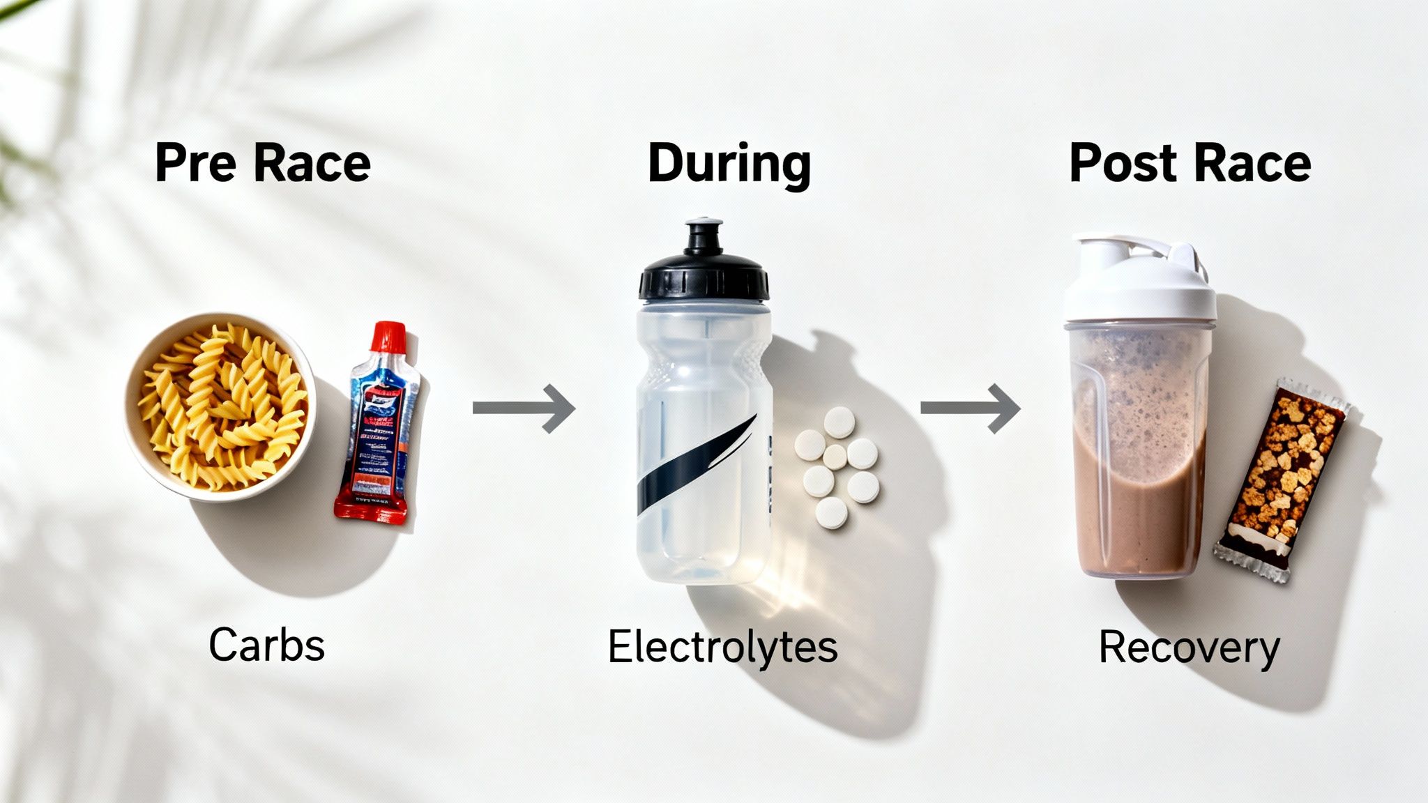 A three-stage visual guide for athlete nutrition: Pre Race carbs, During electrolytes, Post Race recovery.