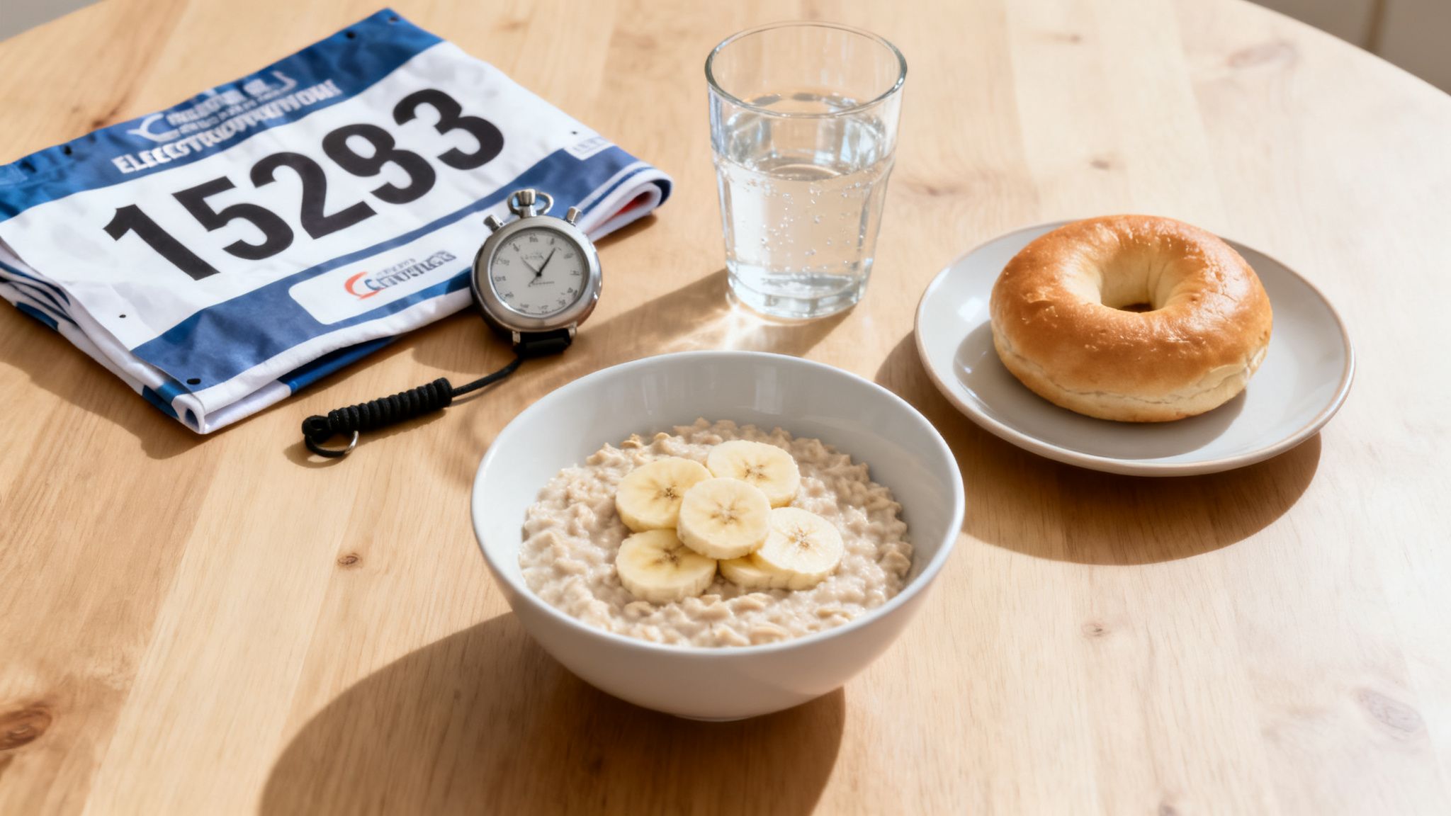 Race bib and stopwatch beside a healthy pre-race meal of oatmeal, banana, bagel, and water.