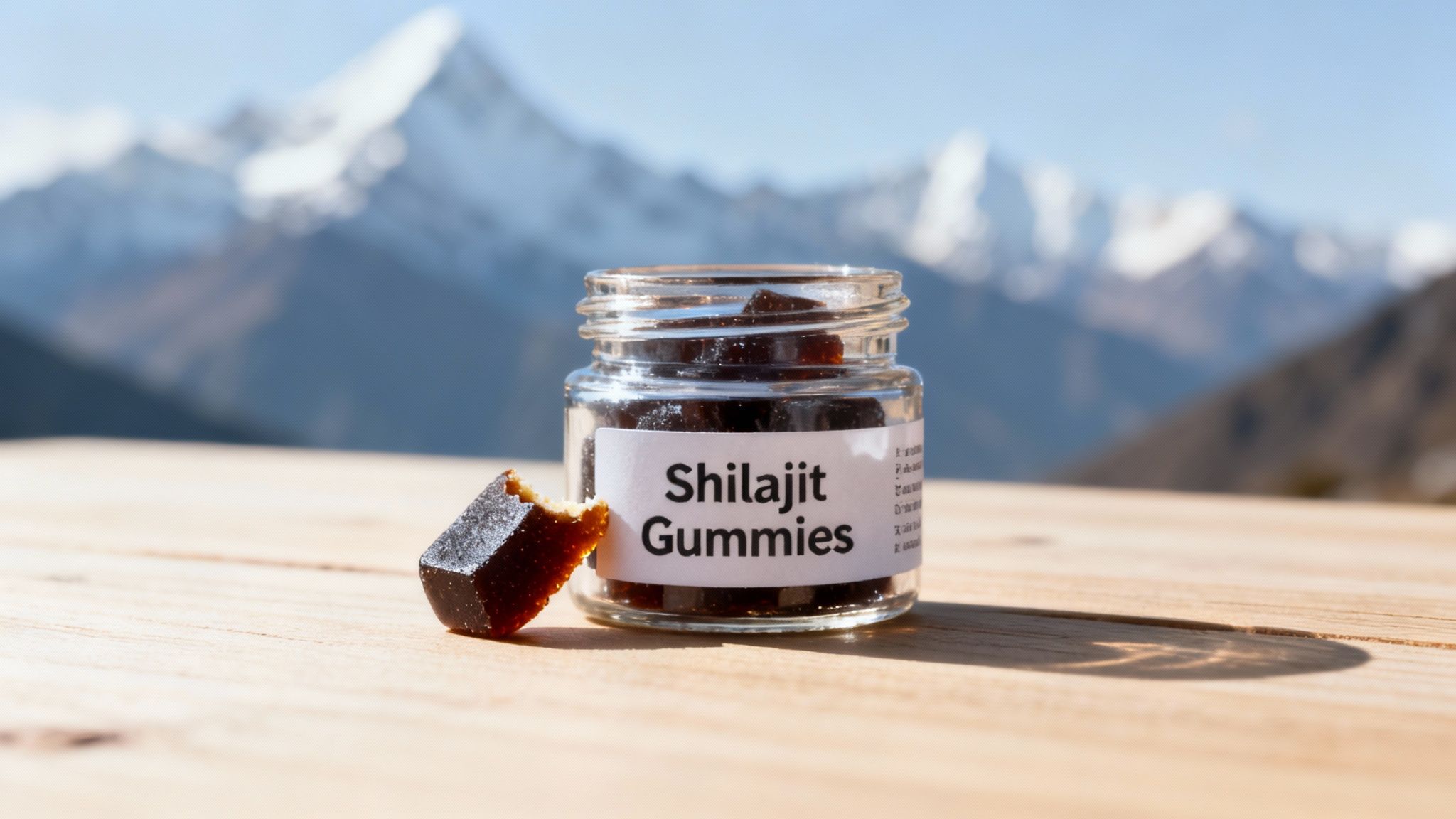 A glass jar of Shilajit Gummies with a bitten piece on a wooden table, against snowy mountains.
