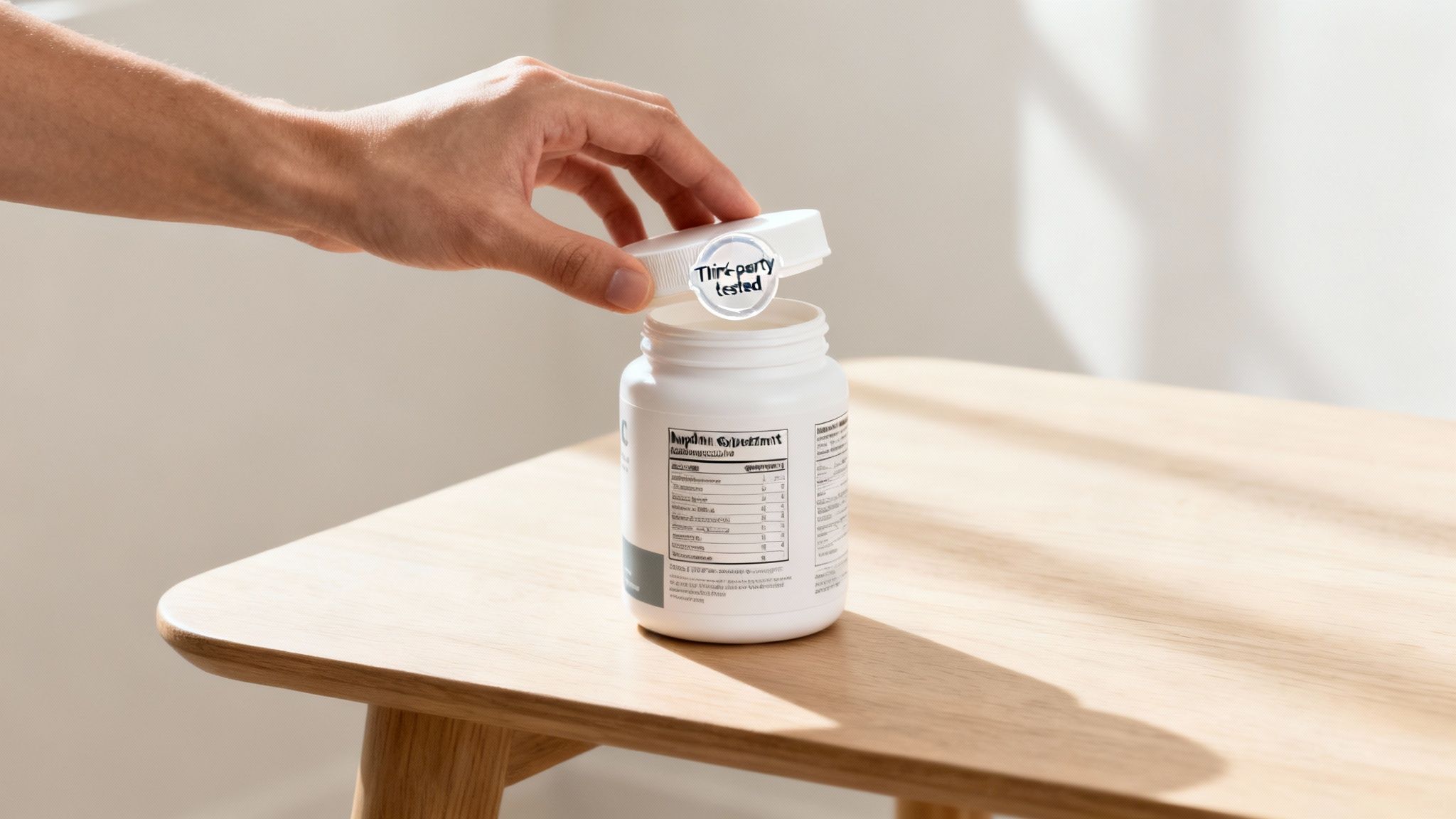 A hand opens a white supplement bottle with a 'Third-party tested' label on the cap.
